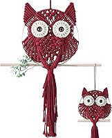 Vista 1 de MVSUTA Owl Burgundy Cotton Handmade Macrame Wall Hanging Tapestry Home Decor Art and Red Craft Wonderful Decoration Woven Boho Ornament for Office
