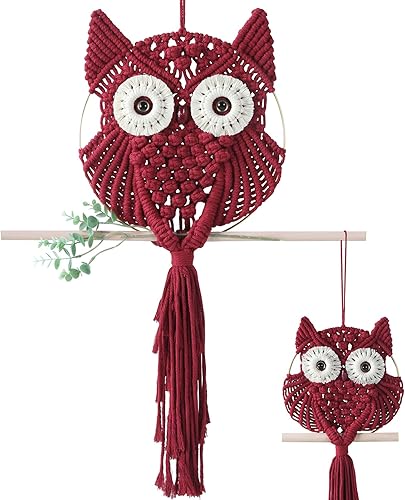 MVSUTA Owl Burgundy Cotton Handmade Macrame Wall Hanging Tapestry Home Decor Art and Red Craft Wonderful Decoration Woven Boho Ornament for Office