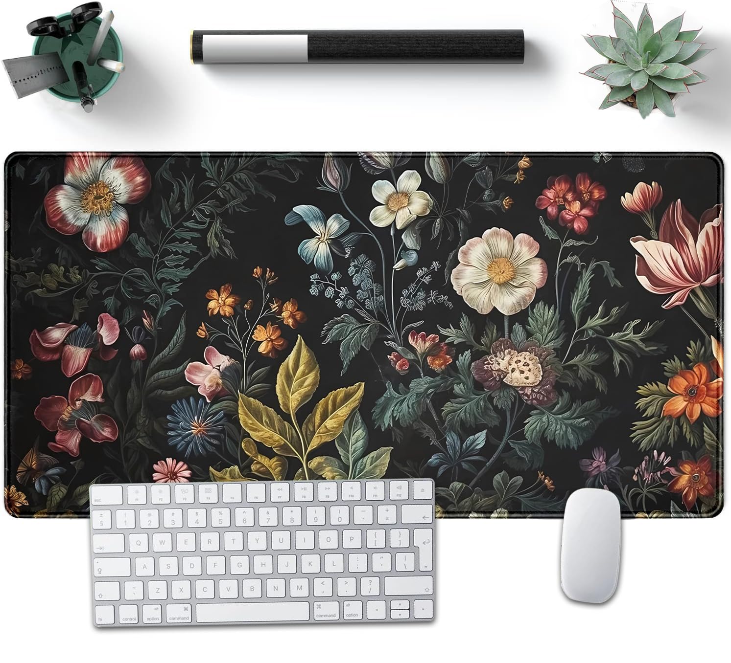 Floral Desk Mat Dark Academia Vintage Aesthetic Desk Pad Flower Plant Large Gaming Mousepad Black Extended Mouse Pad XXL Laptop Computer Mouse Keyboard Mat 31.5 x 15.7 Office Desk Decor — image 1