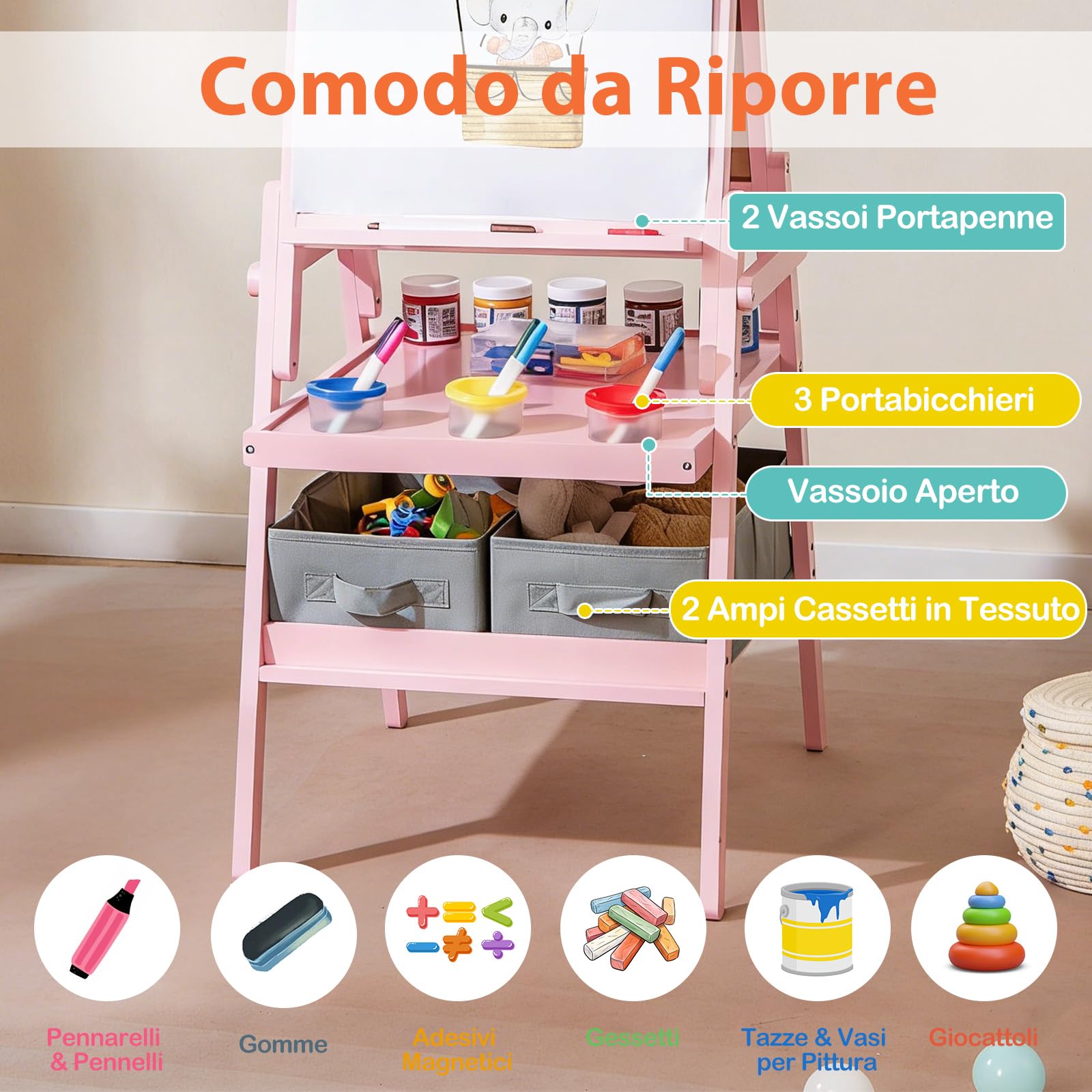 RELAX4LIFE 3 in 1 Lavagna per Bambini, Cavalletto con Doppia Faccia Magnetica e Lavagna Bianca, Rotolo di Carta, Scaffale Doppio e 2 Cesto in Tessuto Pieghevole, 3 Tazze, Legno per 3+Anni (Rosa)