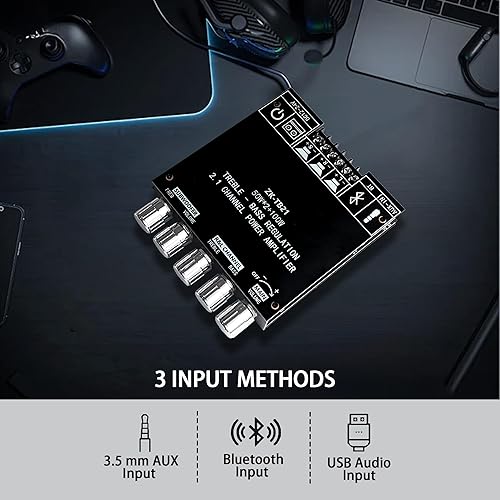 Miniatura 6 de Placa de amplificador Bluetooth, ZK-TB21 2.1 canal 50W+50W+100W amplificador de potencia, mini Bluetooth 5.0 AMP con subwoofer, control de agudos de