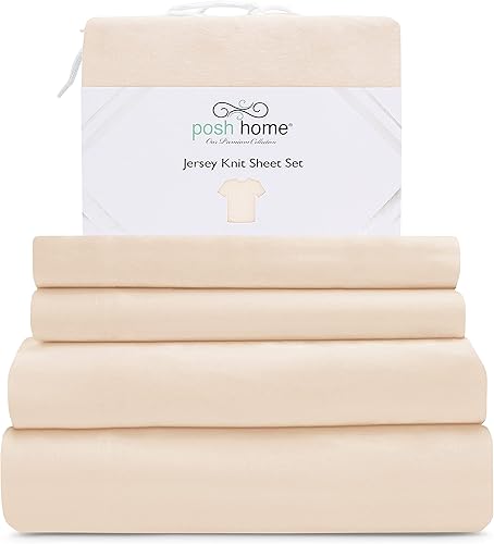 Miniatura 9 de Posh Home Juego de sábanas de punto de jersey, sábanas de 4 piezas, sábanas de jersey de algodón transpirable y suave, incluye sábana encimera,