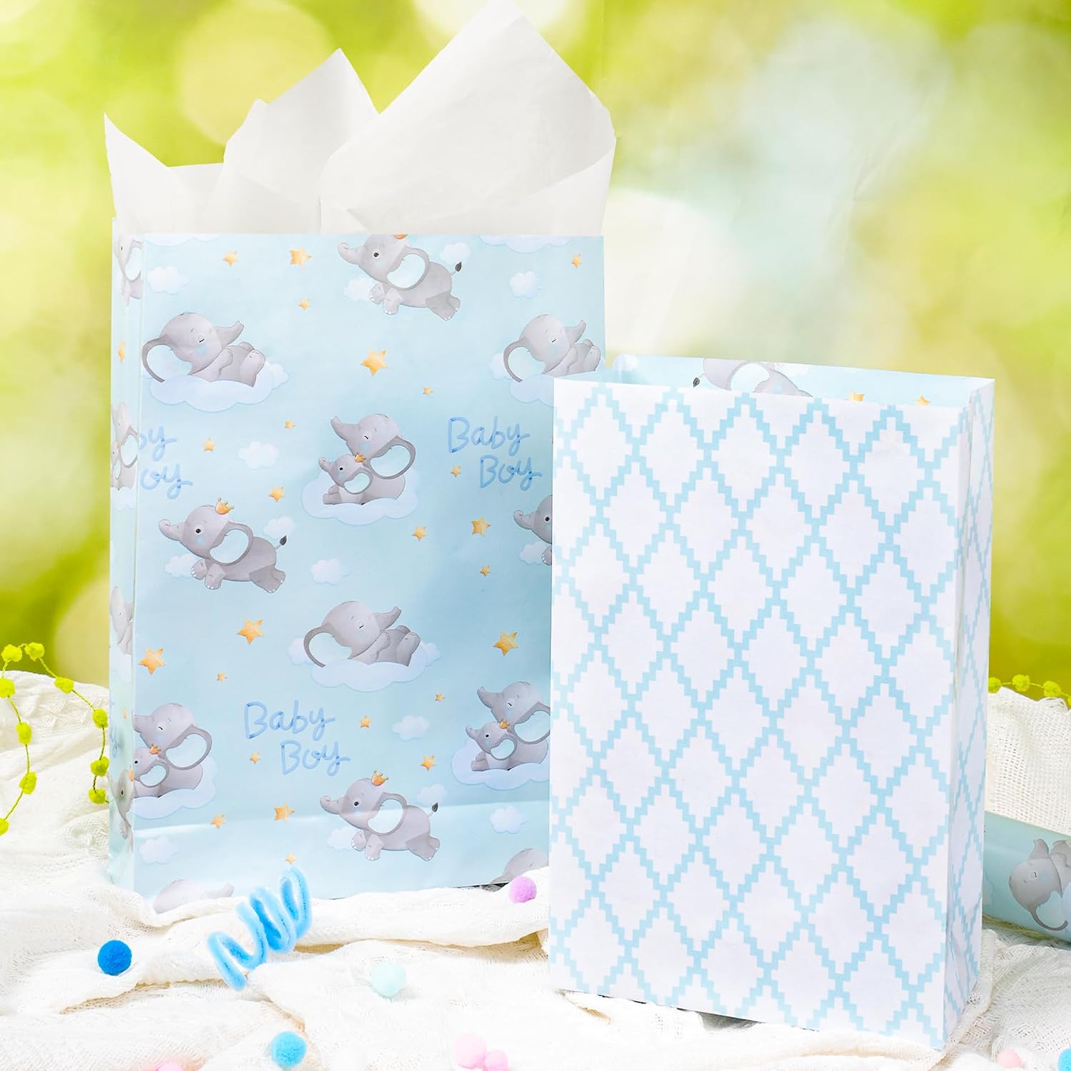 LaRibbons Reversible Baby Boy Wrapping Paper, 17 Inch X 33 Feet, Blue Elephant & Blue Quilted Diamond Design for Baby Shower, Birthday, Party, Holiday image 3