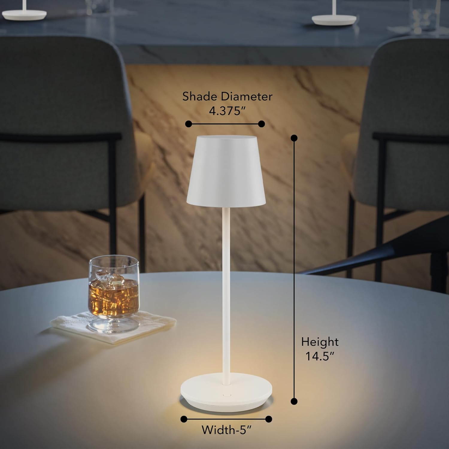 Generation Lighting Mena Accent Rechargeable Table Lamp – 14.5” Soft White Steel Lamp with 3-Way Base Switch, 2.4W Up/Down LED at 2700K, 260 Lumens, USB-C, Wet Rated (8000701-150)