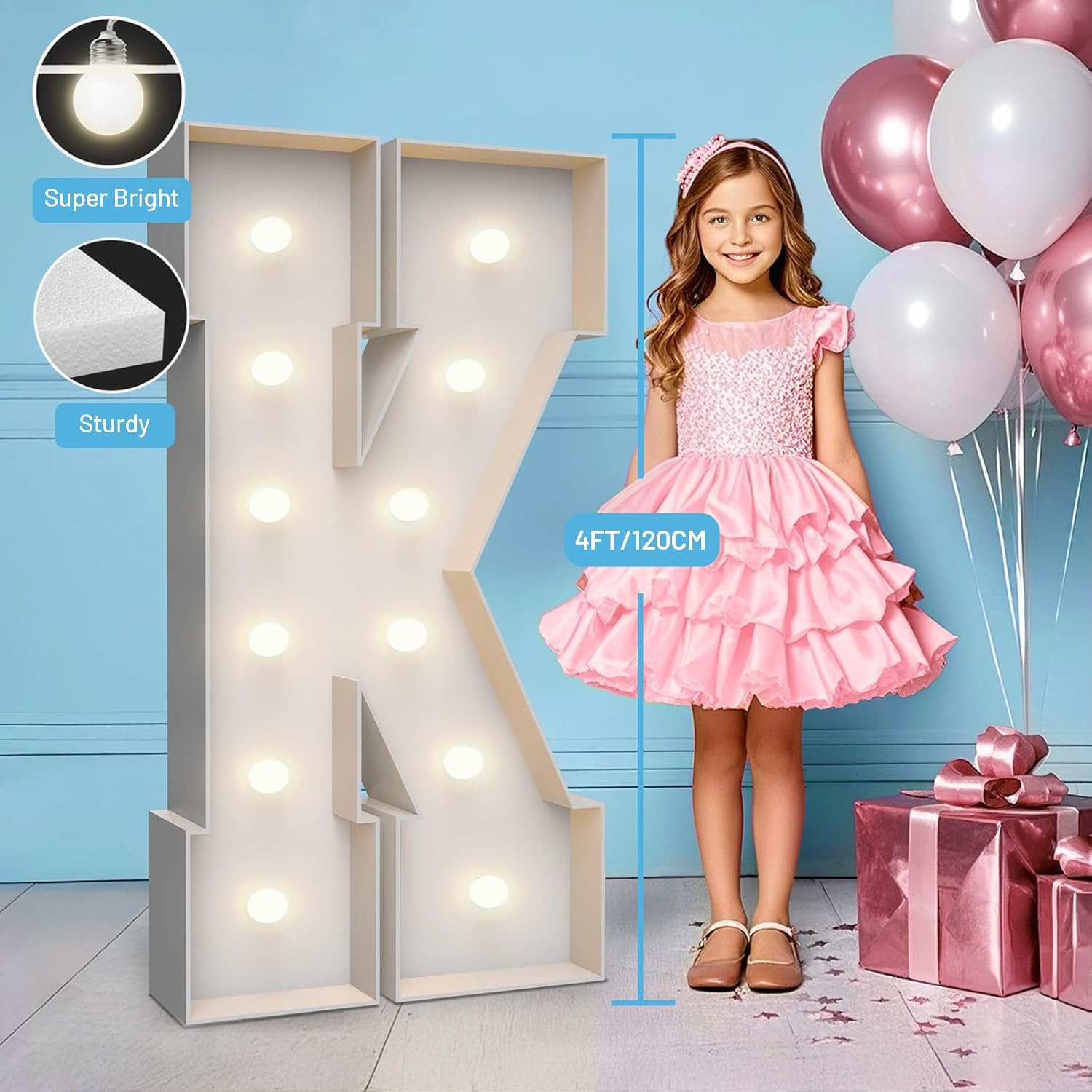 4FT Marquee Light Up Letters K,Party Decoration Large Marquee Light Up Letters with Weighted Water Bag,Pre-cut Foam Board Set Can Be Used for Birthdays,Weddings,Baby Anniversaries
