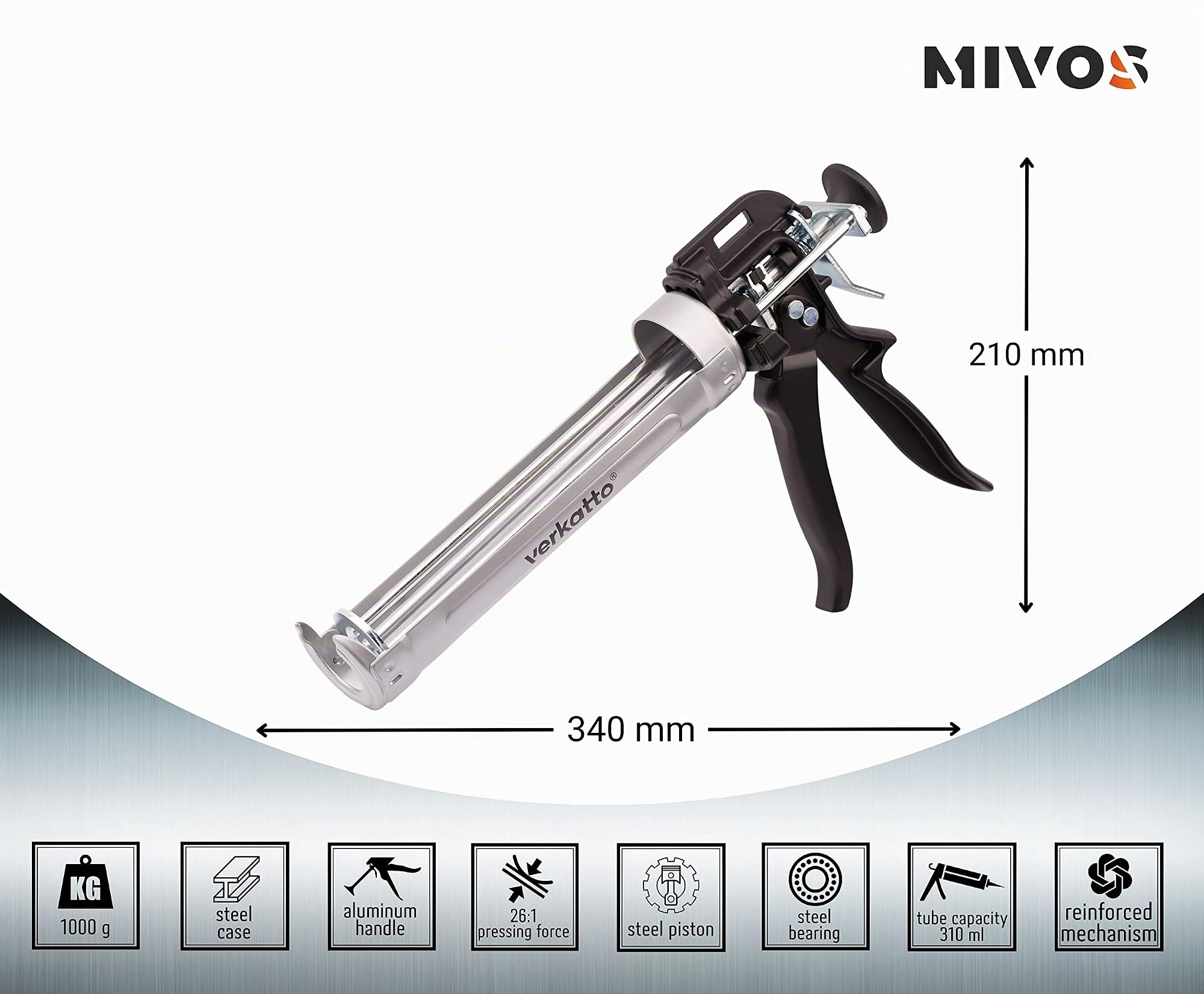 Mivos - Pistola per cartucce professionale per tutte le cartucce di sigillatura e adesivo da 310 ml - Rapporto di spinta 26:1 - Cartuschenpresse rinforzata con telaio rotante e pistone a tre stanghe