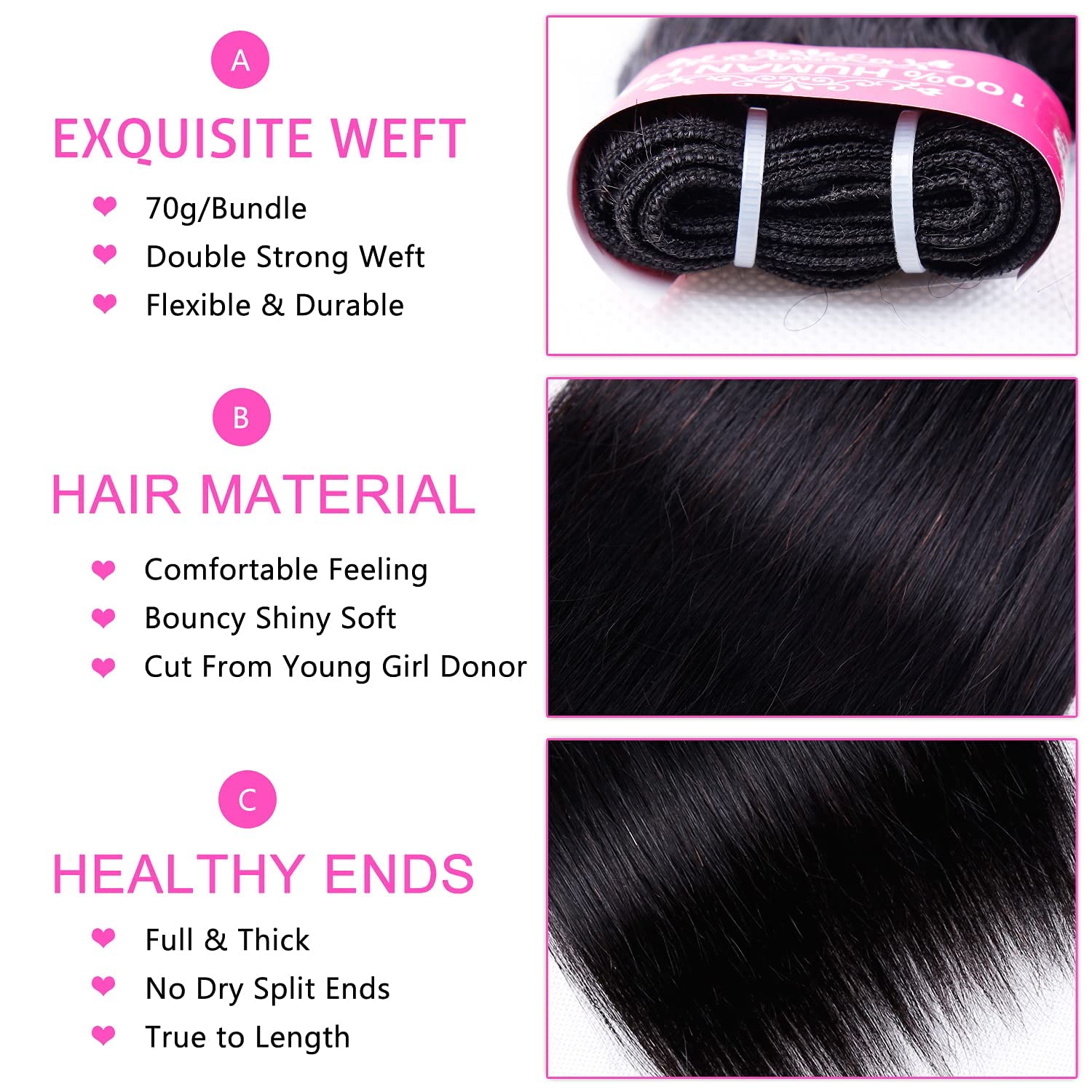 Straight Human Hair Bundles with Closure(12 14 16+10) Brazilian Virgin Human Hair 10A Straight 3 Bundles with Lace Closure 70g/bundle Natural Color - Image 4