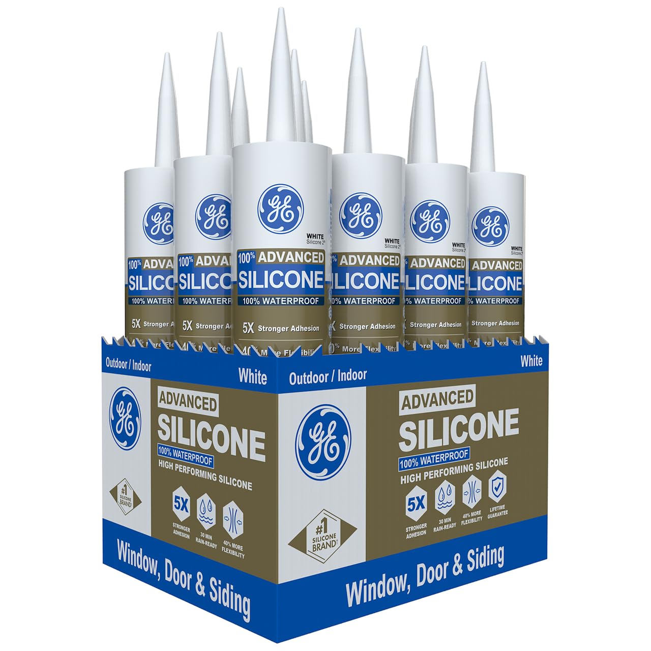 GE Advanced Silicone Caulk for Window & Door, White, 10 fl oz Cartridge, 12 Pack - 100% Waterproof Silicone Sealant, 5X Stronger Adhesion, Shrink & Crack Resistant