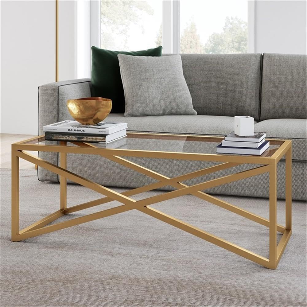 Brass and Gold Rectangular Coffee Table with Glass Top