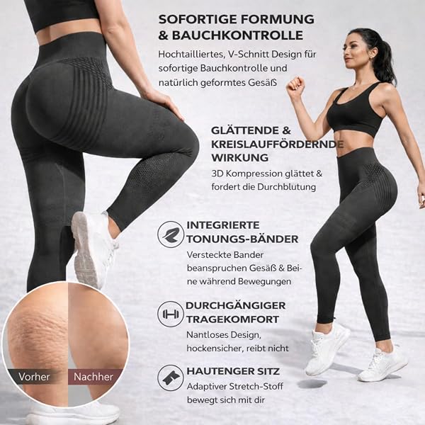 Anti Cellulite 3D Kompressionleggings Damen High Waist Push Up Legging Lymphdrainage Gym Scrunch Sport Yoga Hose Sportbekleidung - 2