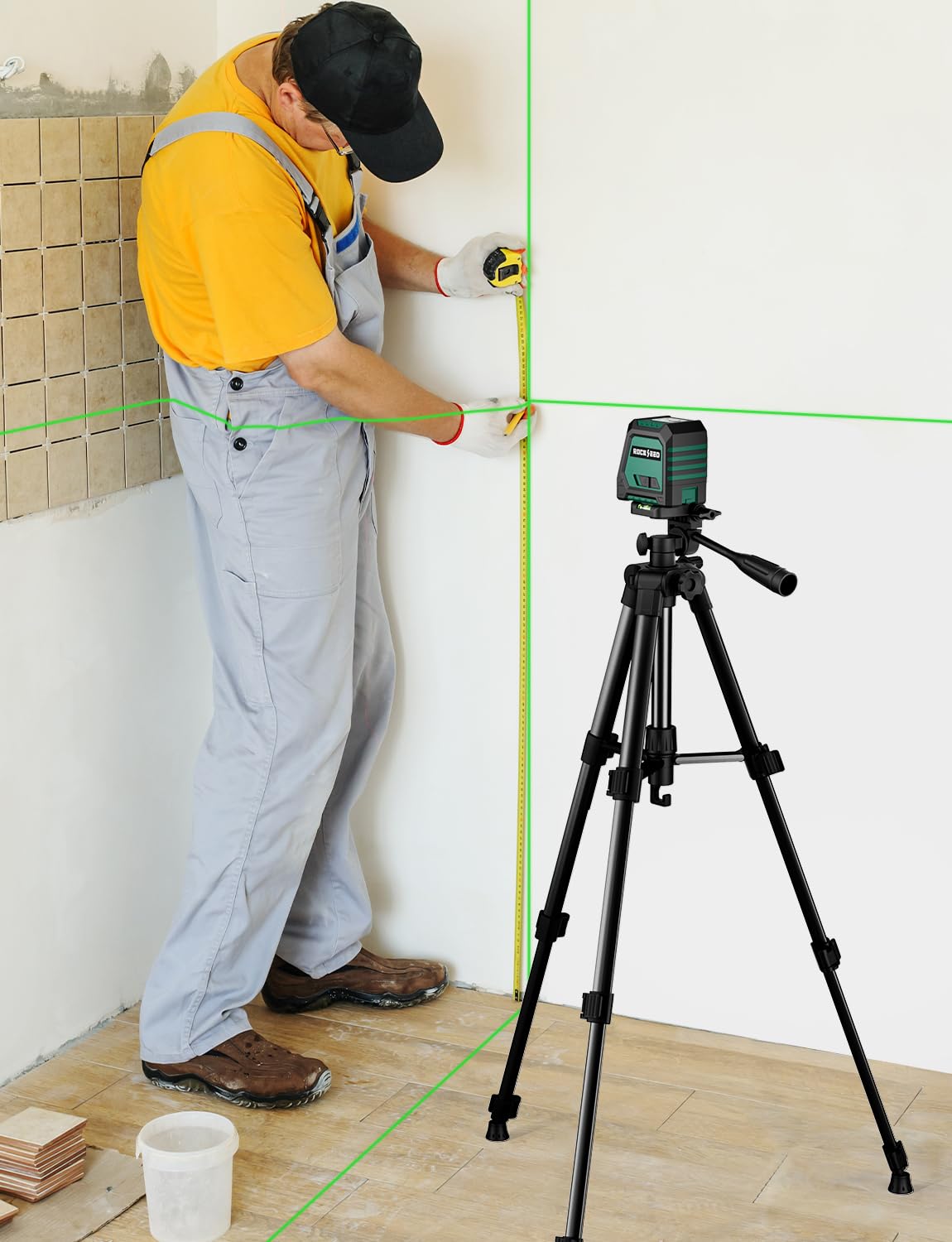 RockSeed Livella Laser a Doppio Modulo con 1,2m Treppiede,Livella a Linea Autolivellante, Raggio Verde Orizzontale e Verticale a 150°, 2 Batterie AA, per la Decorazione Domestica/fai da te/Cantiere