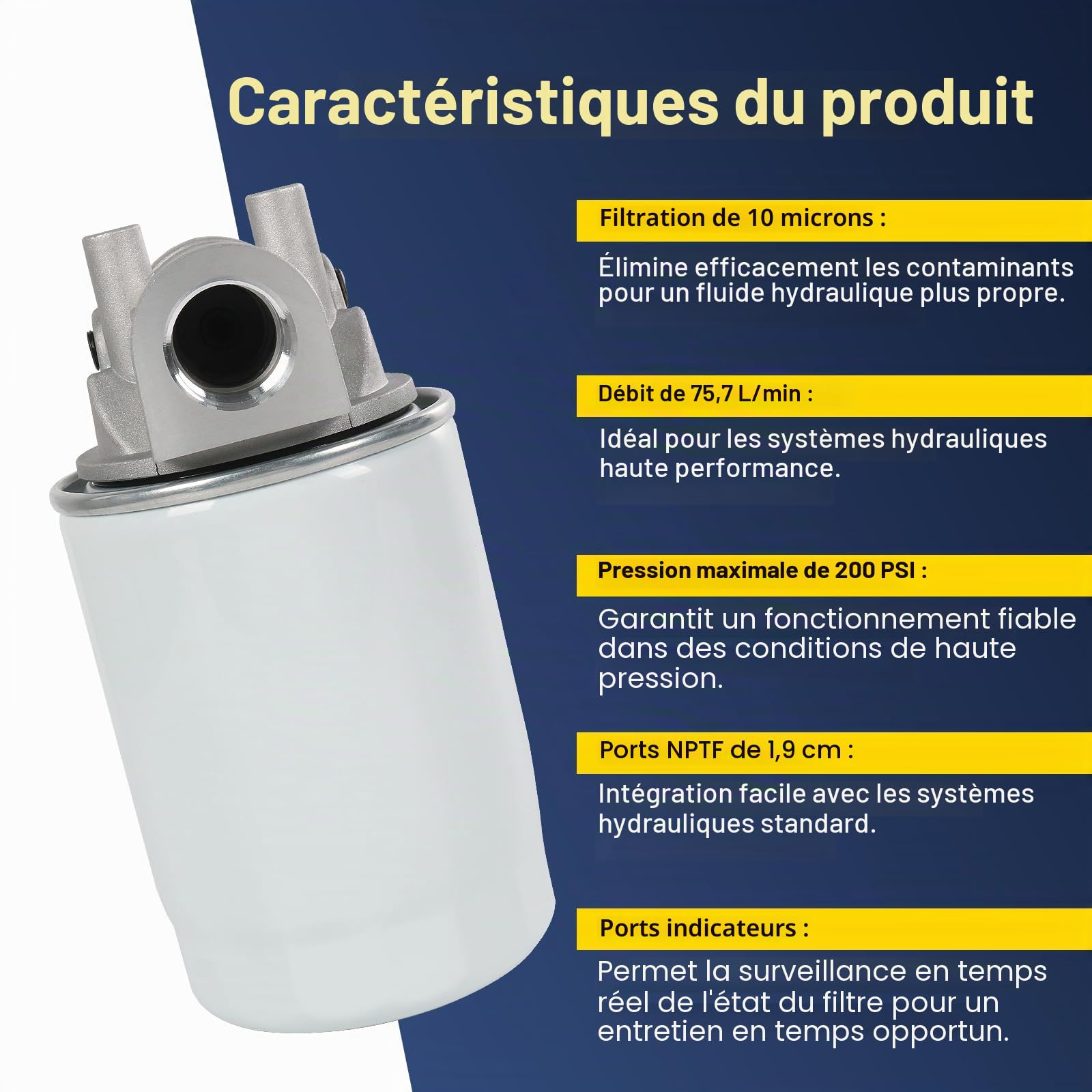 DICMIC Filtre à Huile hydraulique de 10 microns, Design Rotatif, Filtre de Ligne de Retour avec Port indicateur, débit de 20 GPM, 200 psi, Port NPTF de 1,9 cm, Remplacement # 221006