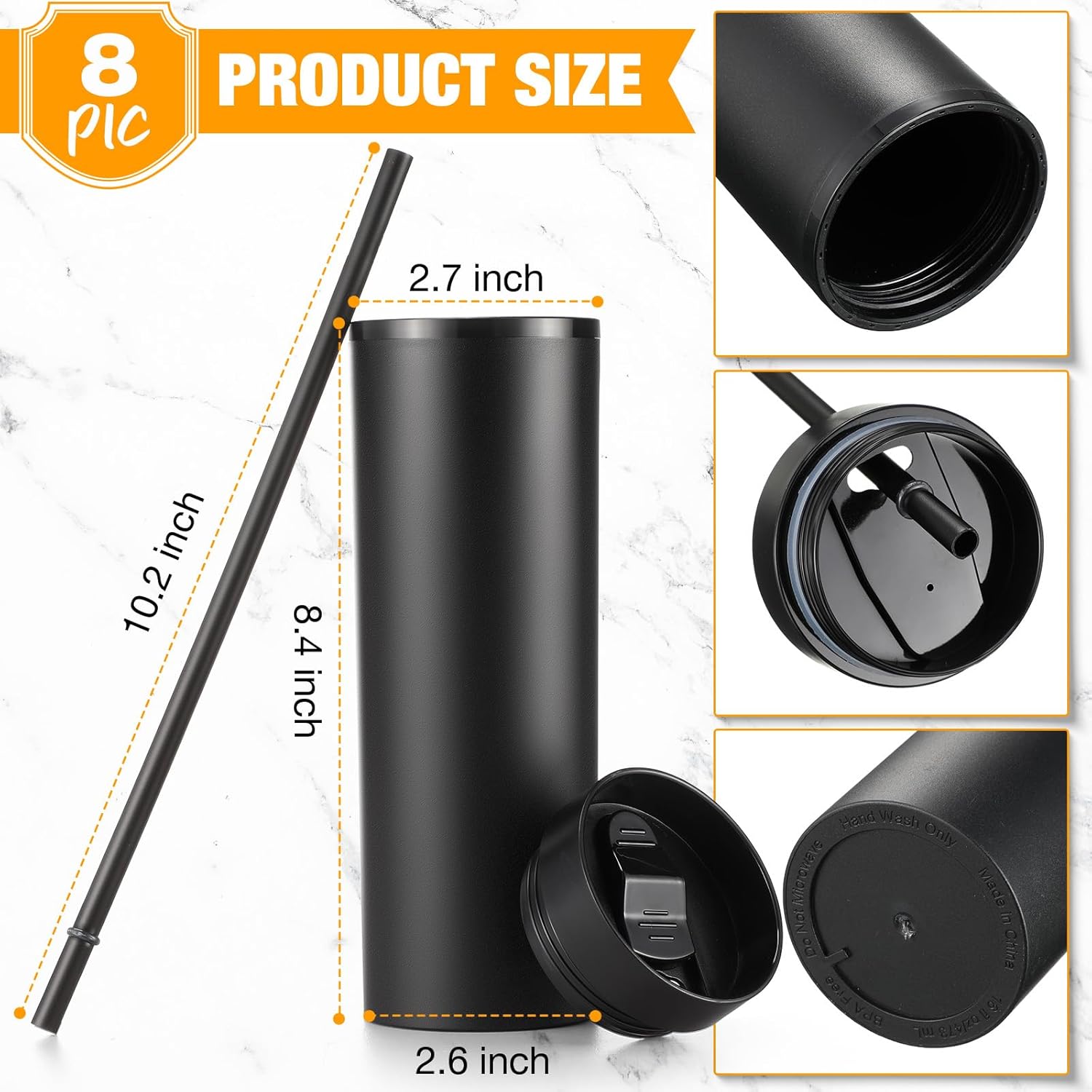 8 Pcs Skinny Tumbler with Lid and Straw, 16 oz Matte Acrylic Tumbler Insulated Double Wall Plastic Reusable Cups Vinyl Customized DIY Gifts for Parties, Birthday, Home, Office (Black) - Image 2