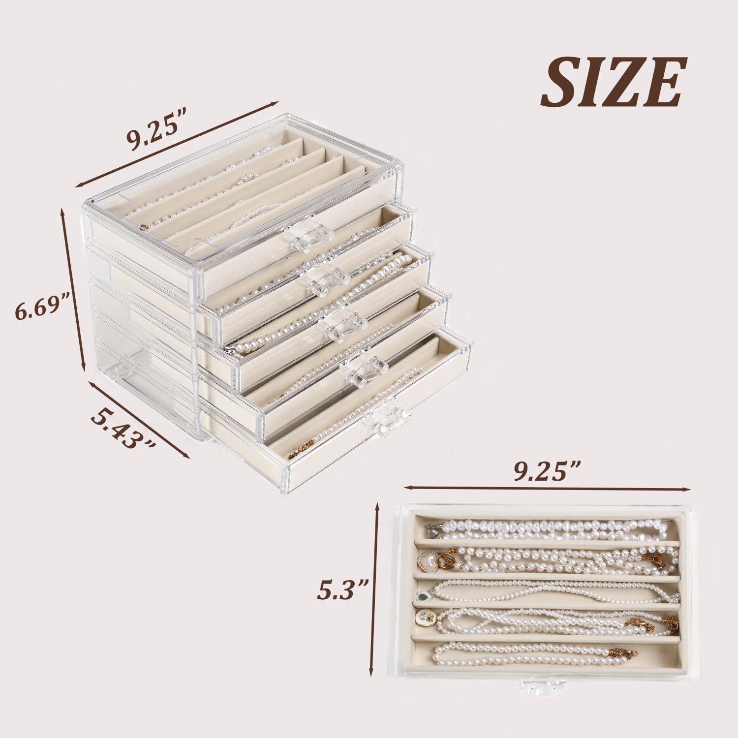 5 Drawers Necklace Organizer Storage, Tray with Clear Lid, Dustproof Velvet Necklaces Holder Storage Display Case, Necklace Tray Drawer Insert for Pendant Suitable for Women and Girls (25 grids)