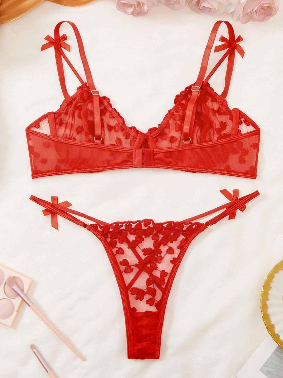 Sexy Womens Lingerie Set Floral Embroidered Underwire G-String Cute Mesh Sheer Bra And Panty Sets For Women - Image 2