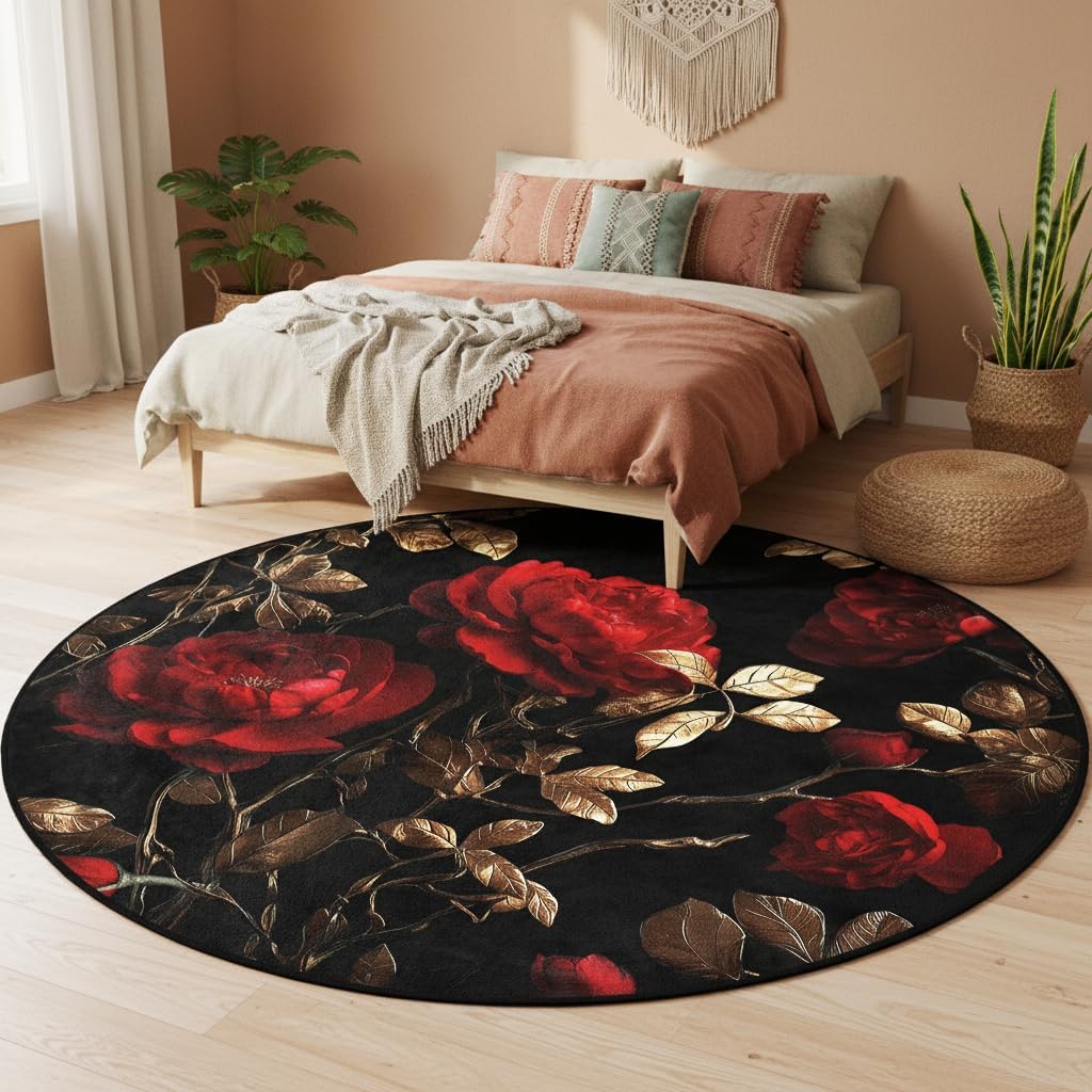 CCoutueChen Black Floral Round Rug, 4x4 Vintage Red Roses Circle Rugs for Living Room Soft Dining Room Carpet for Under Table, Machine Washable Bedroom Mat Non Slip Carpet for Office Kitchen Entrance