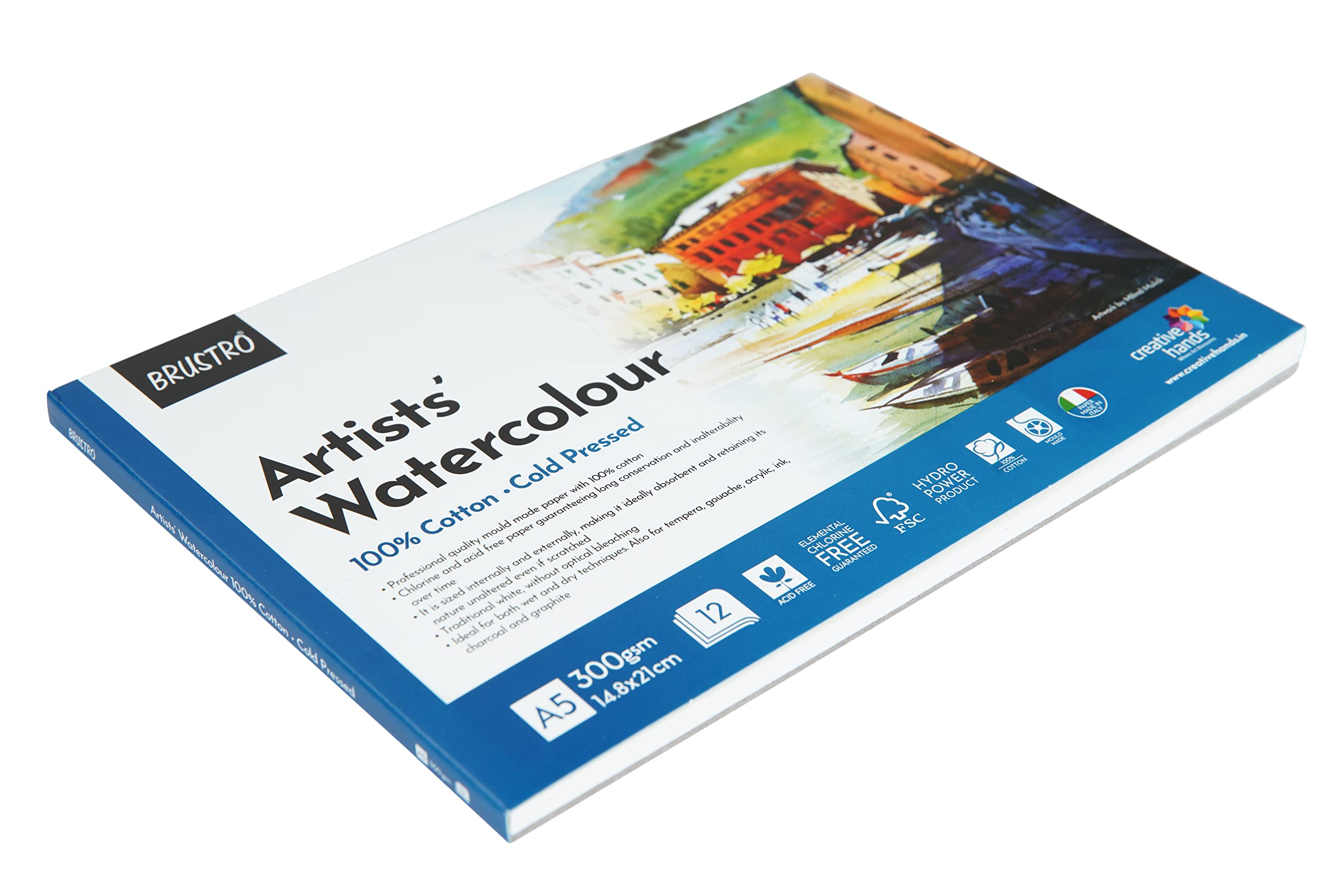 Brustro Künstler-Aquarellblock, 100 % Baumwolle, 300 g/m², kaltgepresst, 12 Blatt, Größe A5, ideal für professionelle Zeichnungen, Malen, trocken und nass, Kunststudenten