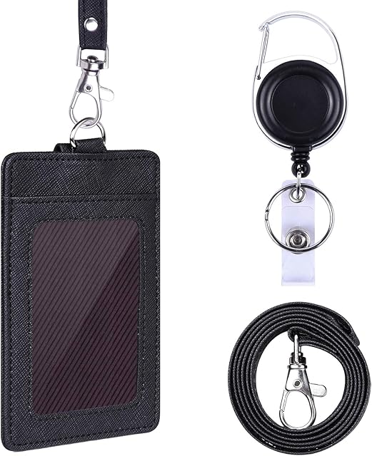 Wisdompro Badge Holder, 2-Sided PU Leather ID Badge Card Holder with 1 Clear ID Window and 2 Card Slots, 18.8 inch Neck Lanyard Strap and Carabiner Retractable Reel Clip - Black (Vertical)