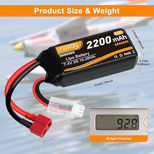 Miniatura 6 de Crazepony Batería Lipo de 7.4 V 2200 mAh 50C 2S Lipo con conector T-Plug para 116 Slash RC Car RC Truck RC Helicóptero Avión Quadcopter Drone RC