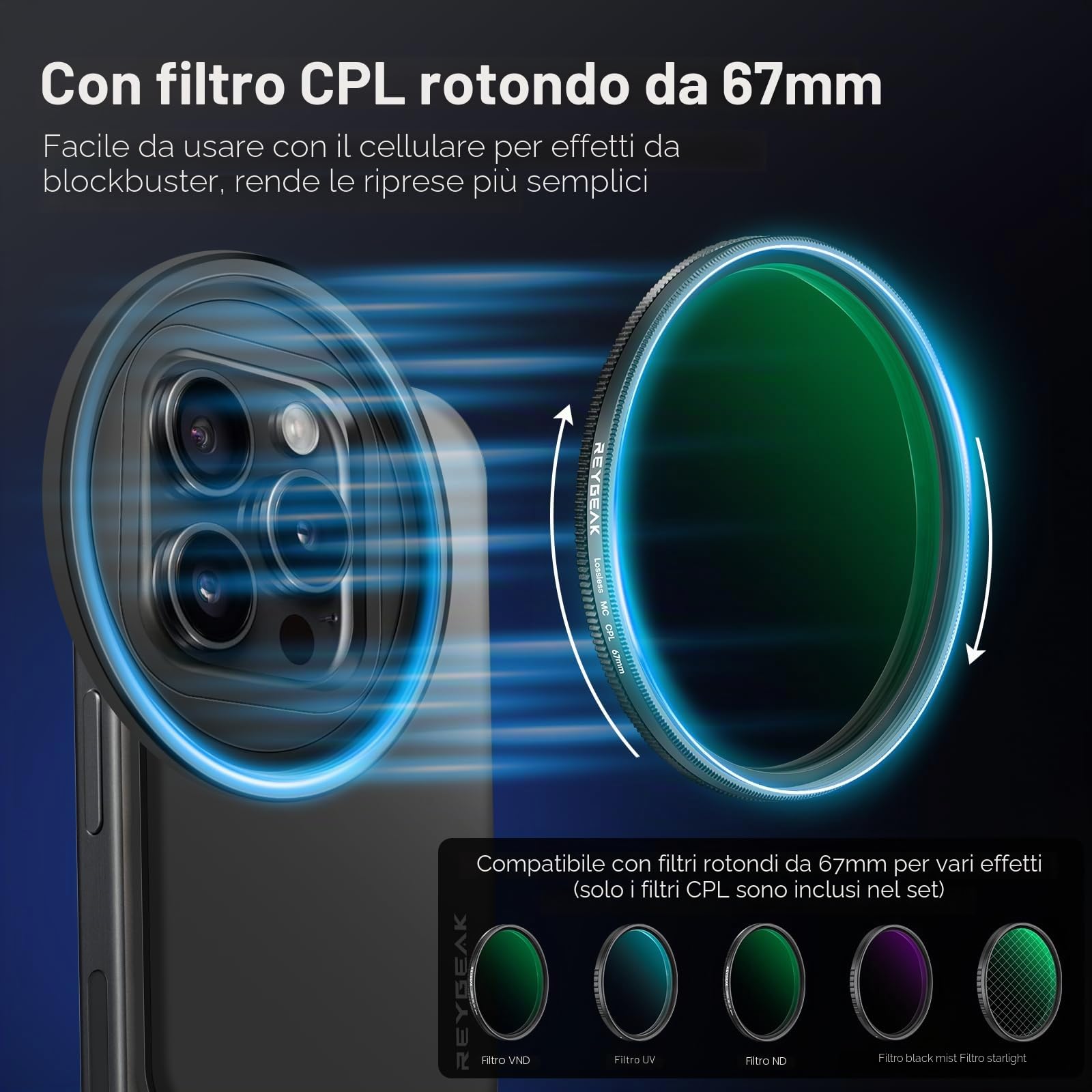 REYGEAK Filtro CPL per iPhone Magsafe, filtro ultra sottile per obiettivo fotocamera da 67 mm, telaio filtro magnetico con 6,7 pollici per iPhone 16/15/14/13/12/Pro Max
