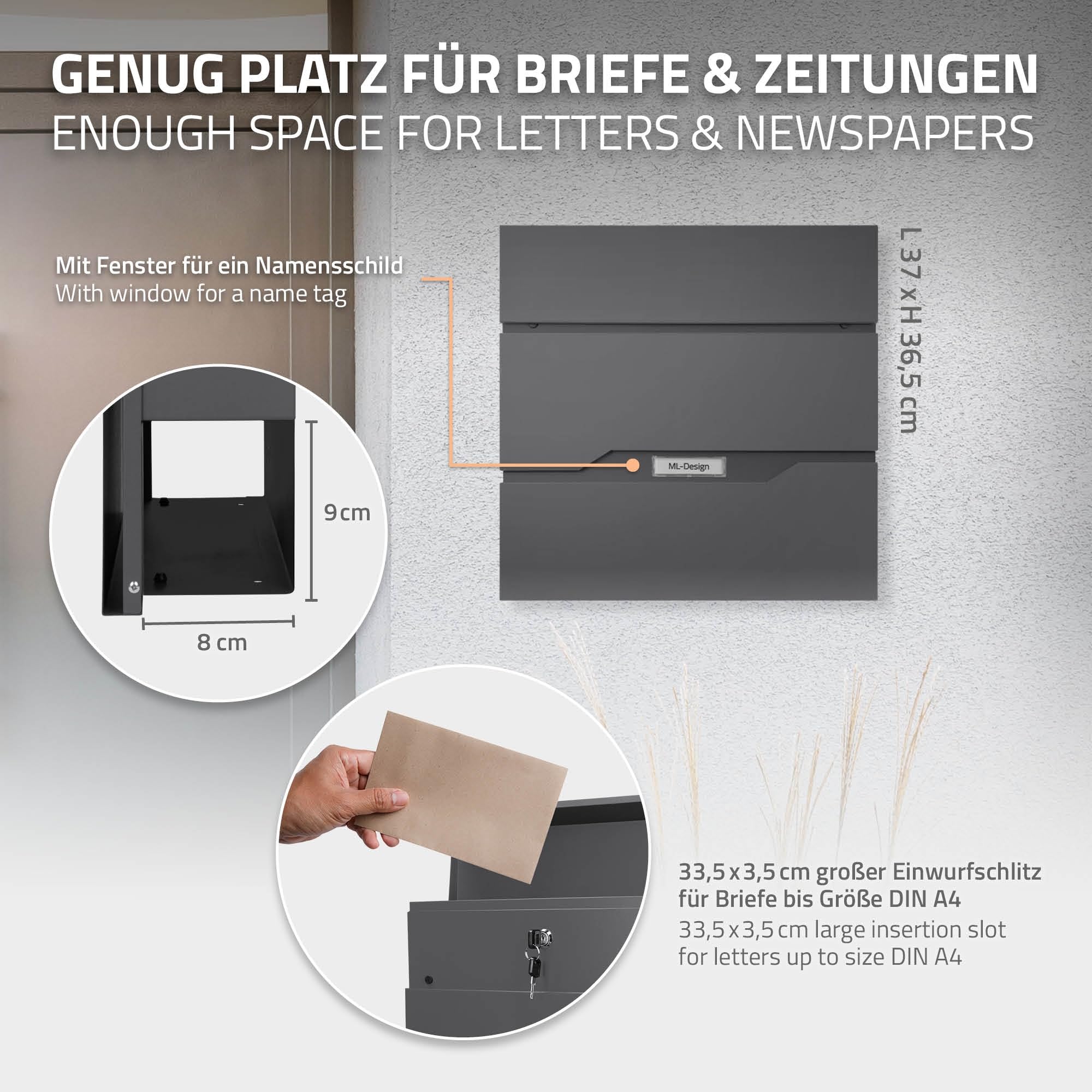 ECD Germany Cassetta Postale da Parete Design Moderno - 37x11x36,5 cm - in Acciaio Inox Verniciato a Polvere - Buca Lettere a Muro con Porta-Giornale 2 Chiavi incl. Materiale di Montaggio Antracite