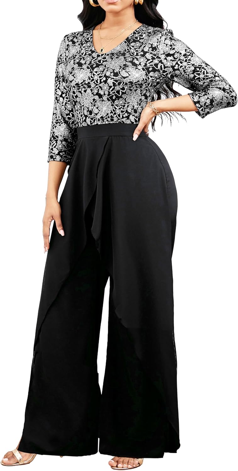 Sparkly Overlay Jumpsuit for Women Dressy Elegant Long Sleeve Long Split lightweight Pants Cocktail Jumpsuits - Image 2