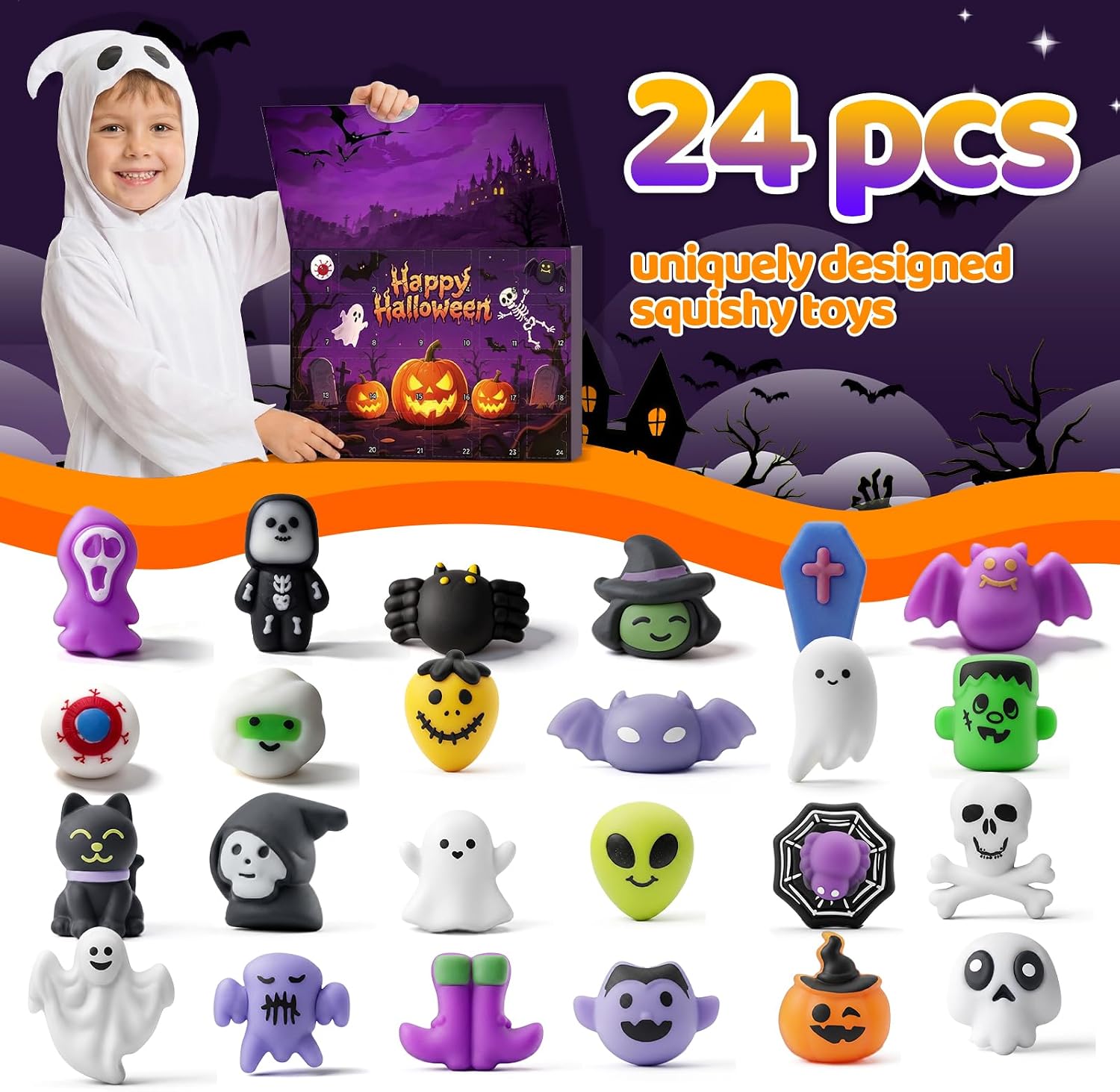 Halloween Advent Calendar 2026, 24 Days Mochi Squishy Toys Countdown Calendar for Kids Girls Boys Teens Halloween Gifts Fidget Sensory Squishies Toys, Non Candy Halloween Treats, Trick or Treat Prizes, Classroom Party Favors