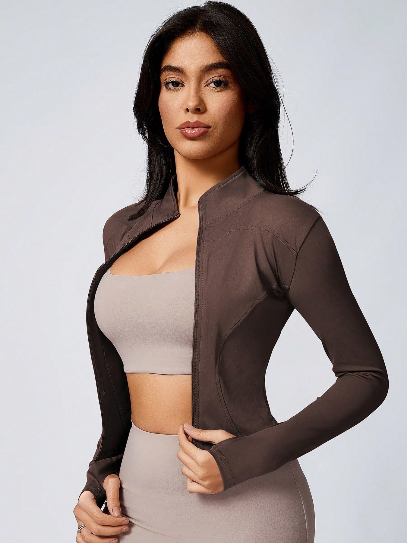 Chaqueta de entrenamiento para mujer, con cremallera completa, ajustada, para yoga, con bolsillos, camisa atlética para correr, con agujeros para el pulgar, para gimnasio — view 6