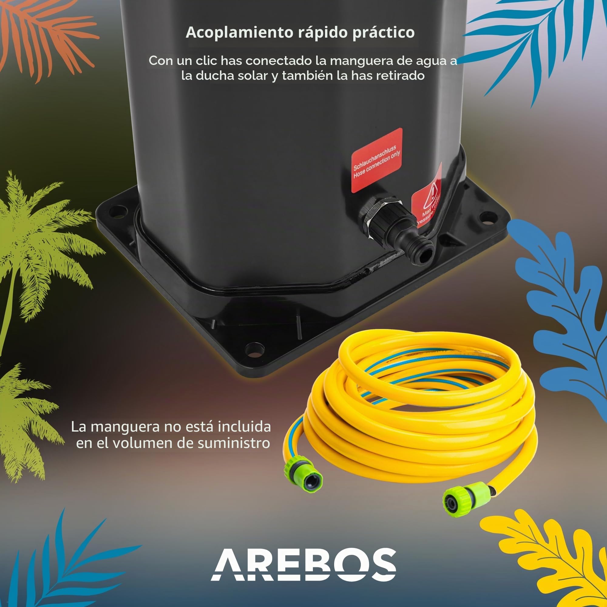 Arebos Ducha solar de 60 L, con ducha de mano y termómetro, temperatura del agua hasta 60 °C, ducha de piscina para camping, cabezal de ducha redondo, tecnología Snap-in, incluye cubierta, color negro
