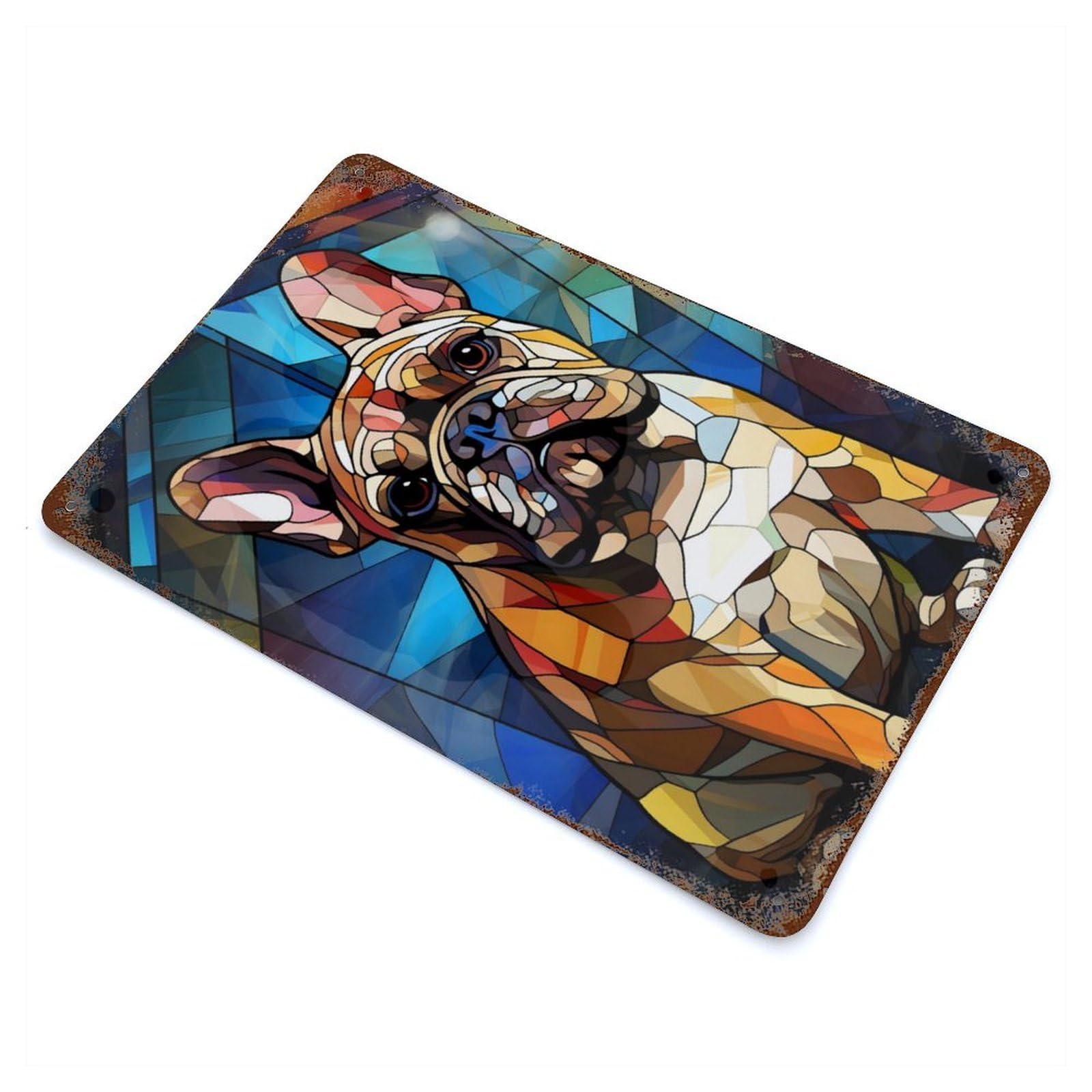 Vintage Metal Tin Sign Bulldog Stained Glass 11.8"x7.9", Industrial Home Decor for Farmhouse, Kitchen And Entryway Decor