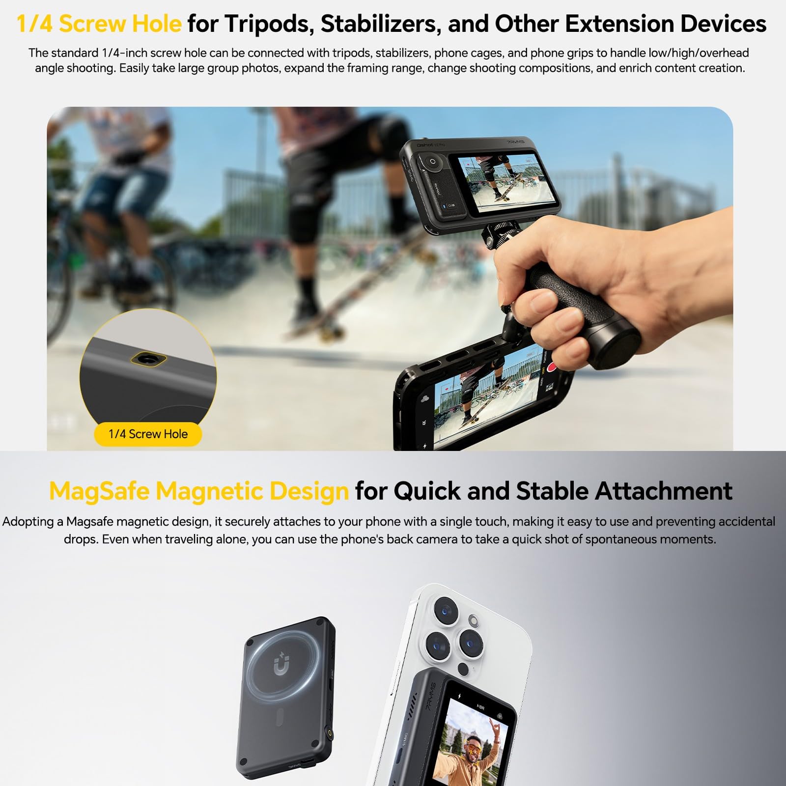 7RYMS Qshot V2 Pro Écran de Surveillance Selfie 3,1" pour iPhone et Android - Modes Filaire/sans Fil, sortie 4K/60ips, Double Bande 2,4 GHz/5 GHz, Idéal pour les Vlogs et le Streaming en Direct - Noir | Modes Filaire/sans Fil,sortie 4K/60ips, Double Bande