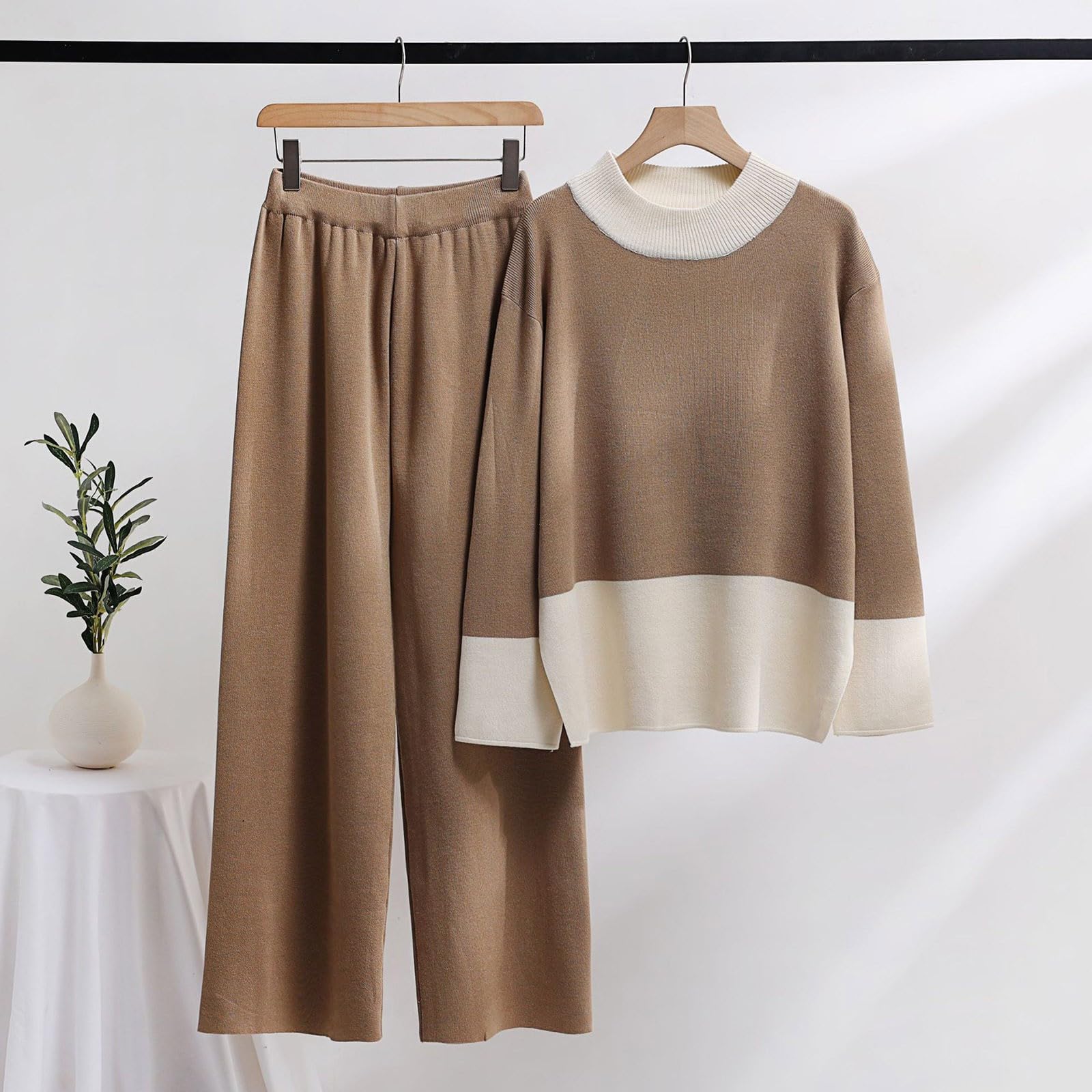 Femme 2 Pcs Pull Ensemble Tricoté Hiver Sweater Top en Maille Sweatshirt Chaud Chandail Sport Pantalon Jambe Large Hiver Ensemble Sportswear D'Intérieur Tenue Sport 2 Piece