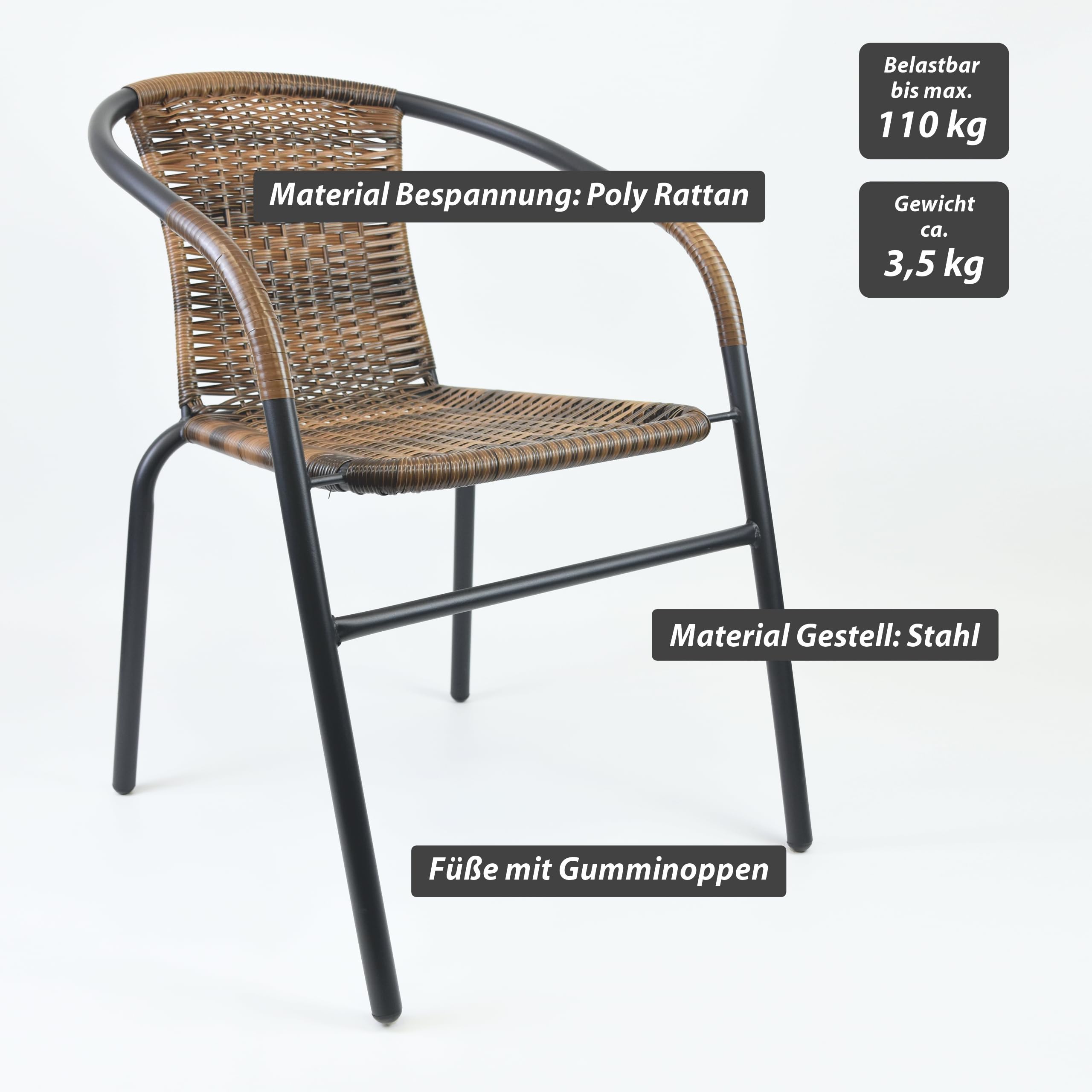 Nexos Trading Bistrostuhl Poly Rattan Stahl-Rahmen Stapelstuhl Balkonstuhl Gartenstuhl (Braun-Schwarz, 2)