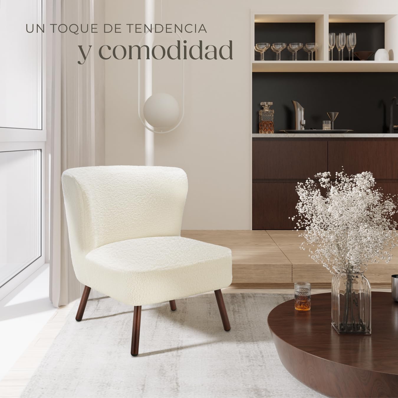 tectake® Sillon de Cóctel Acolchado, Respaldo Curvado Extragrande, Patas de Acero, Sillon Relax, Butacas de Salon, Muebles de Salon, Butaca, Sillón Orejero - Bouclé Blanco Roto