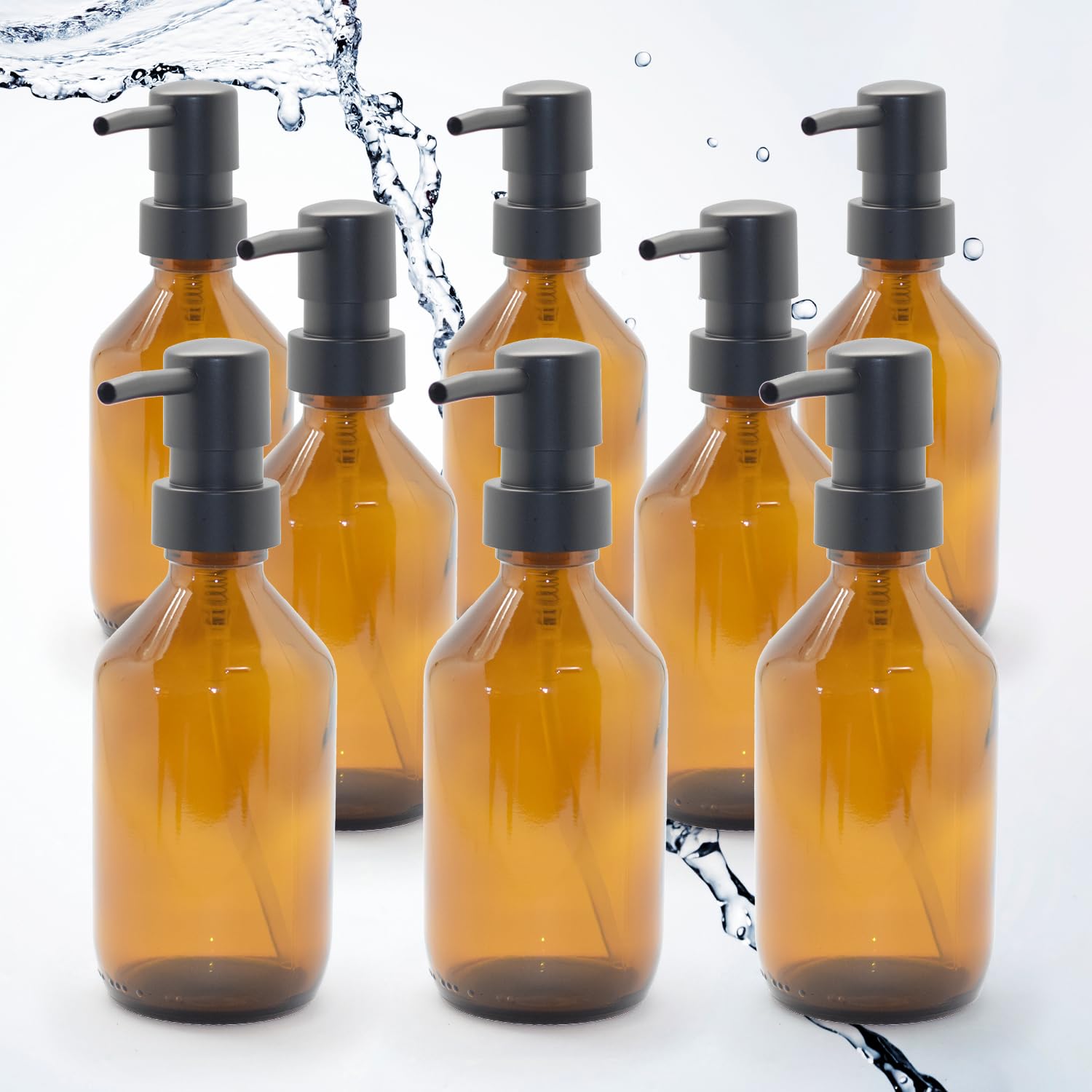 8 dispenser di sapone da 250 ml in vetro – bottiglia di vetro ambrato |Ø 6,5 x 18 cm – con testa pompa nera | elegante dispenser per sapone a mano e dispenser – ideale per cucina, bagno e doccia