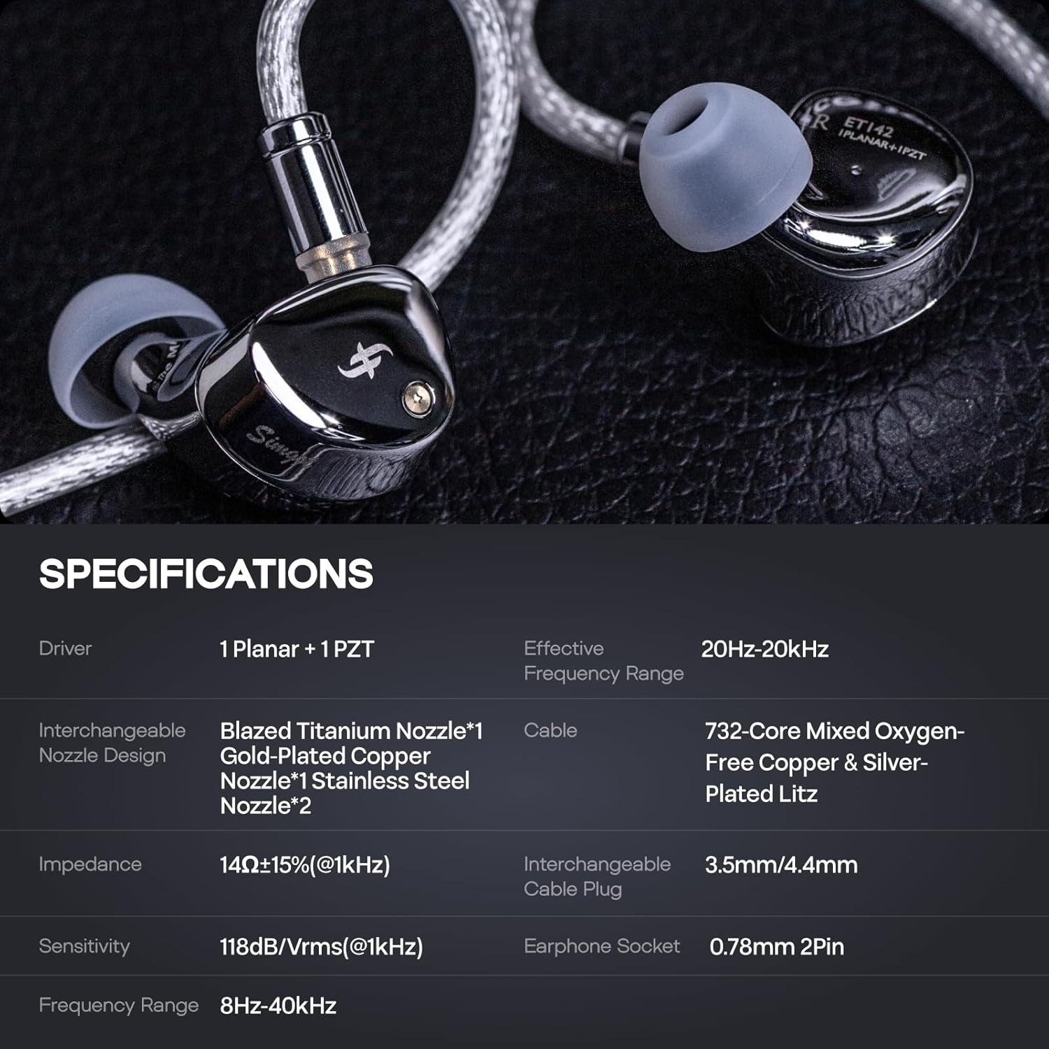 Linsoul SIMGOT ET142 in Ear Monitor, 1 Planar + 1 PZT Hybrid Driver HiFi IEM Earphone, Wired Earbuds with Replaceable Tuning Nozzles, Detachable Silver-Plated OFC Cable for Musician Audiophile