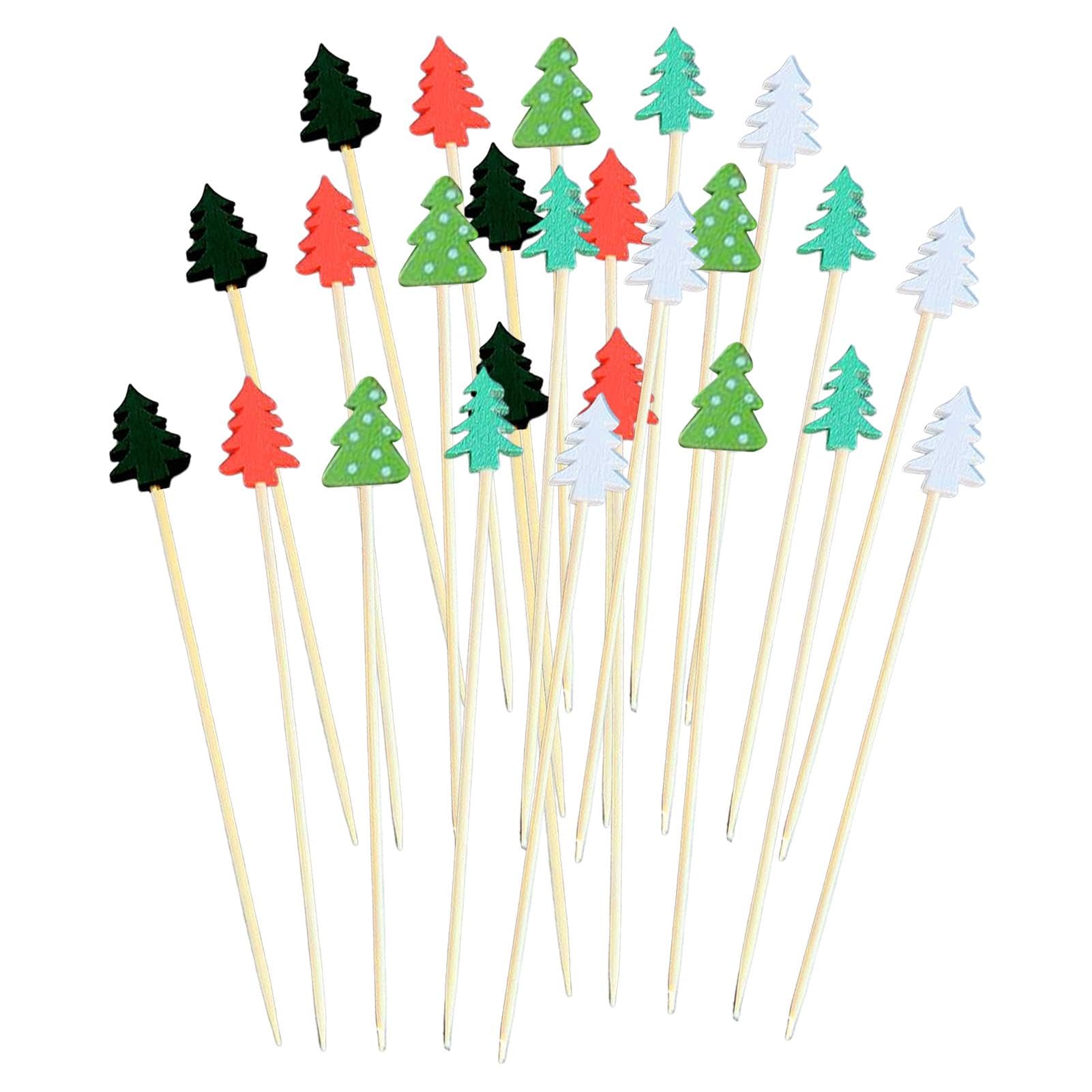 100 Pics à Cocktail Sapin De Noël - En Bambou, 13,5 Cm, Rouge/vert/blanc, Pour Décoration Fêtes, Apéritifs