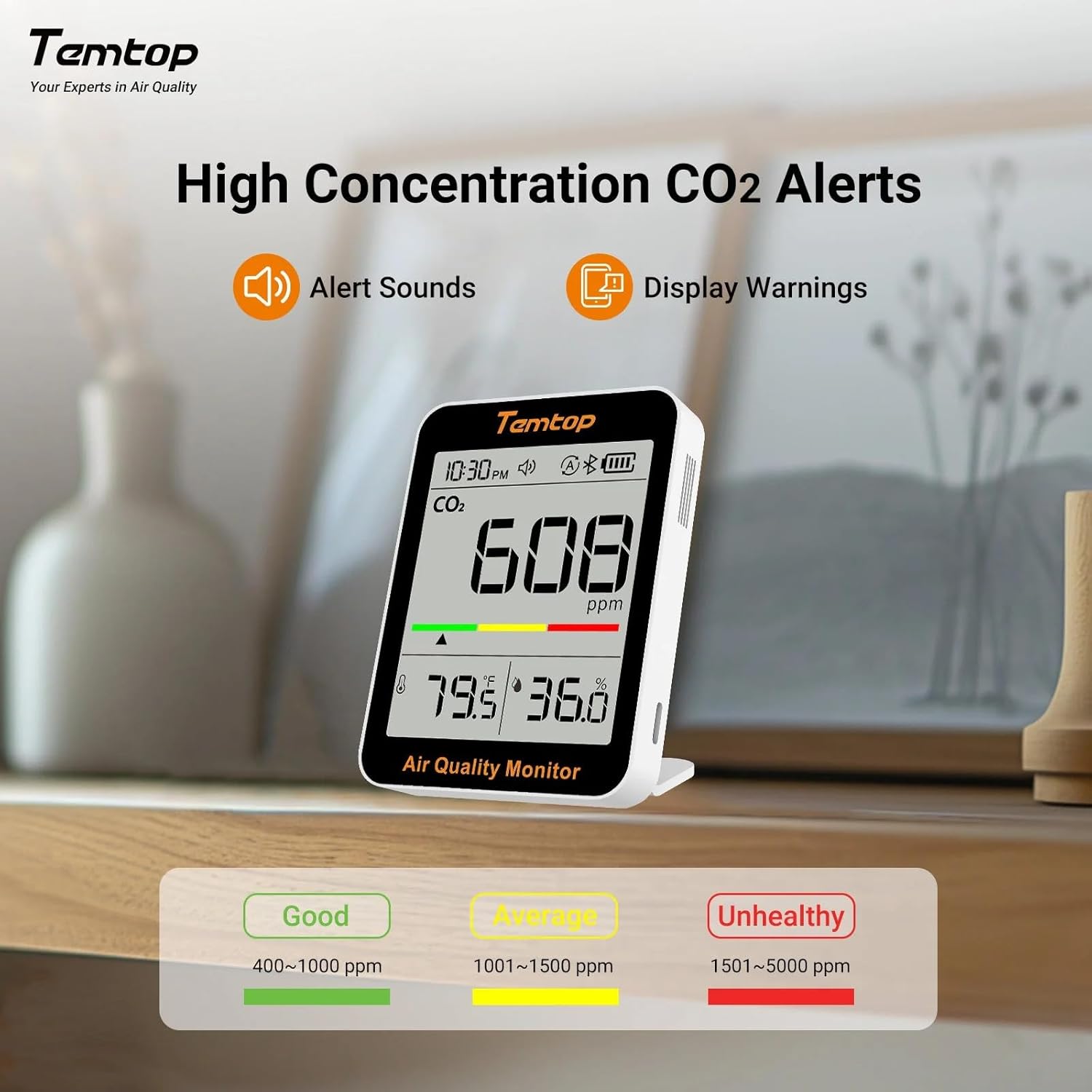 Temtop CO2 Monitor Indoor Air Quality Monitor with BLE App Connectivity, Portable CO2 Meter, CO2, Temperature, Humidity for Home, Office, or School - Image 5