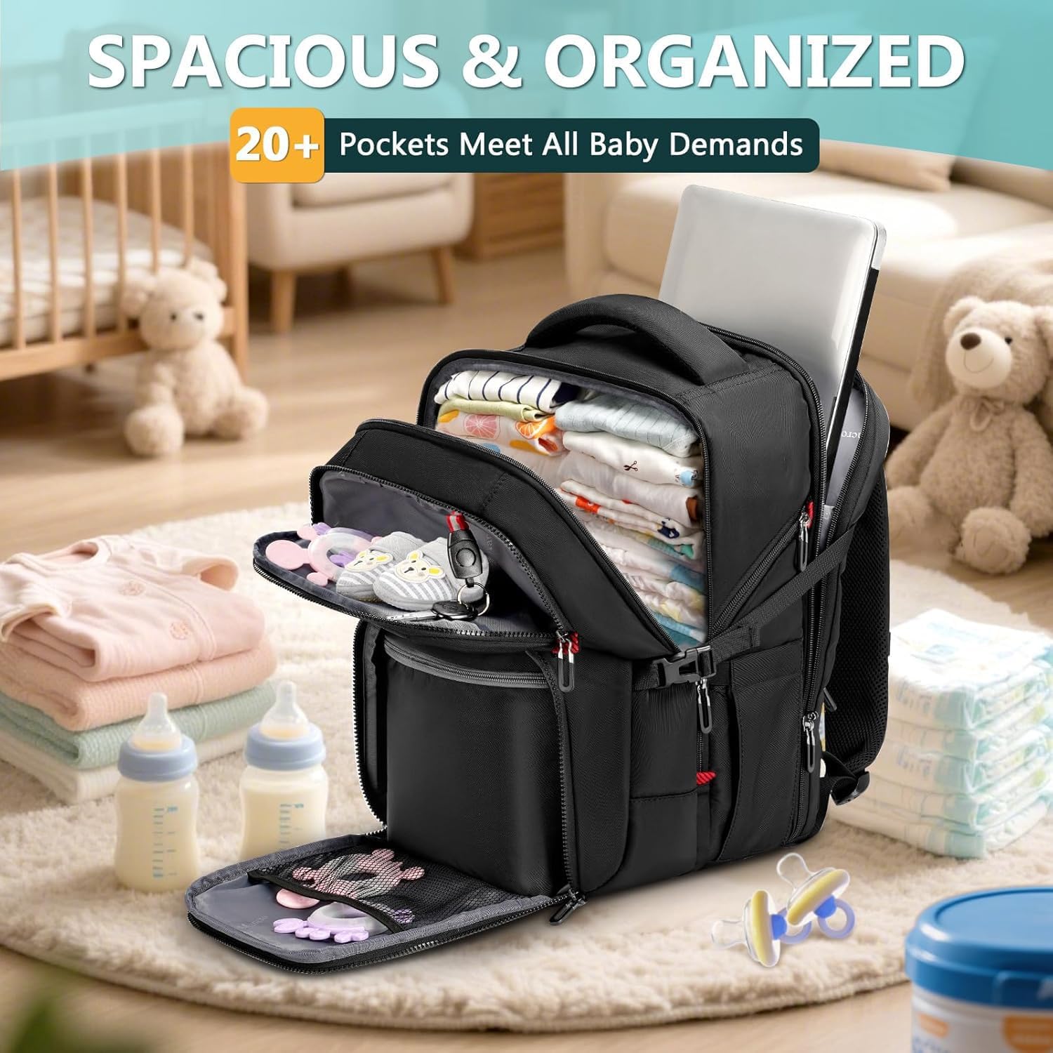 Mancro Dad Diaper Bag Backpack - Large Waterproof Travel Baby Bag for Men with Detachable Bottle Bag & Insulated Pocket, Black