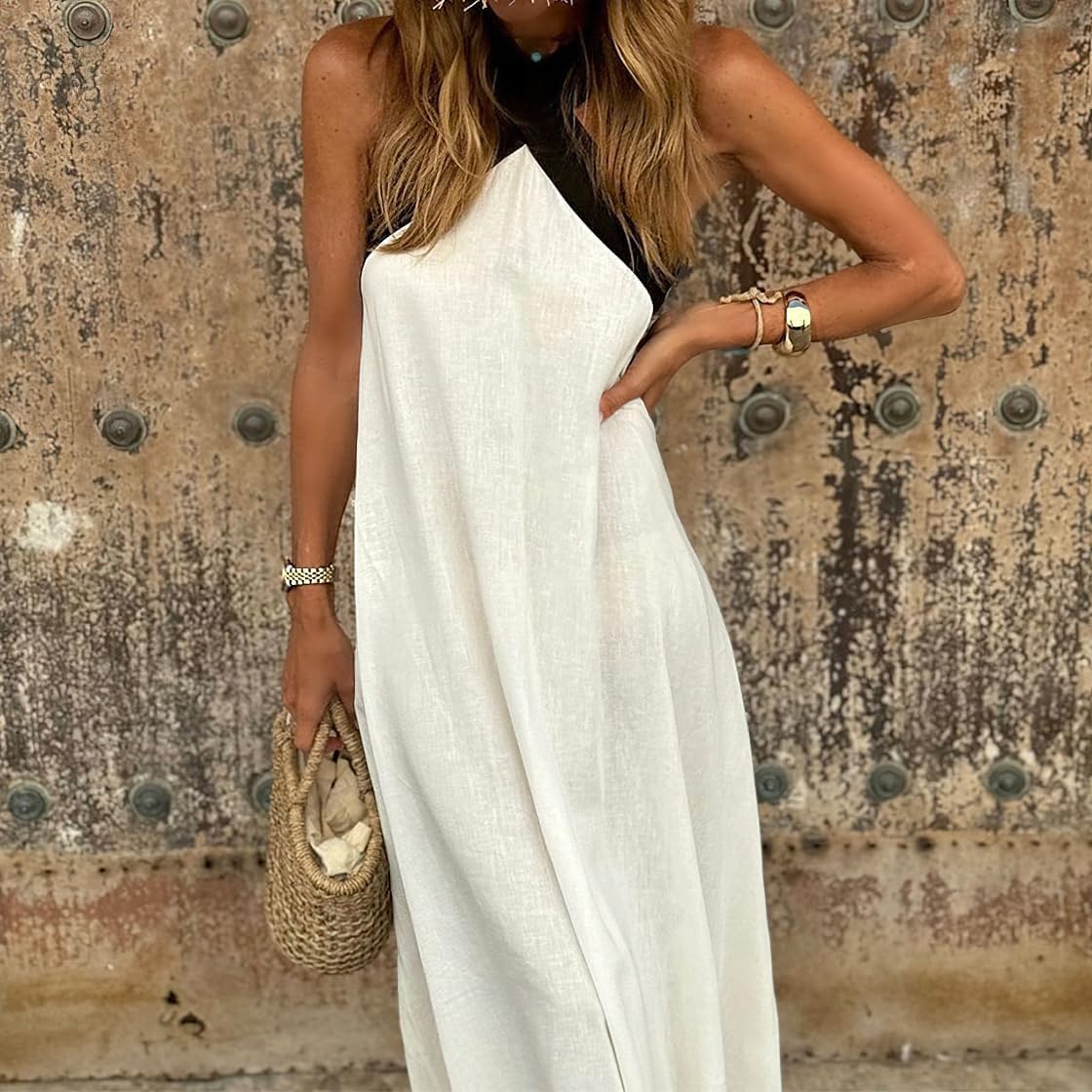 chouyatou Womens Criss Cross Halter Neck Dress Sleeveless Sexy Backless Boho Maxi Long Cotton Linen Dress - Image 5