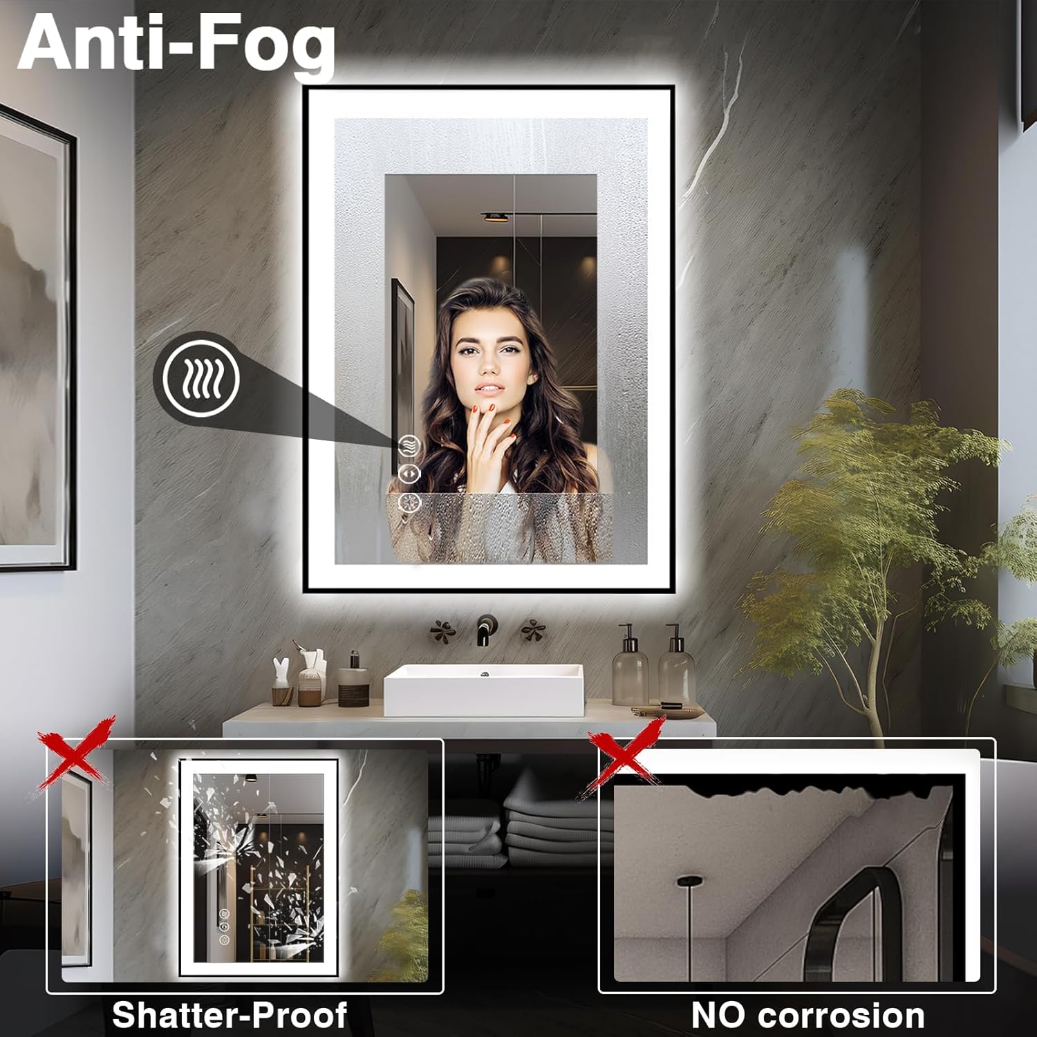 24x32 LED Bathroom Mirrors for Wall -Black Aluminum Framed (Front and Backlit), Anti-Fog Vanity Mirror With Lights,Stepless Dimmable Lighted Mirror,3 Colors Smart Mirror(Horizontal/Vertical)