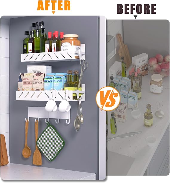 Magnetic Spice Rack for Refrigerator,4 Pack Metal Magnetic Shelf White with Hooks,Magnetic Knife Rack & 4 Hooks,Heavy Duty Space Saving Storage for Spices,Hollowed-out