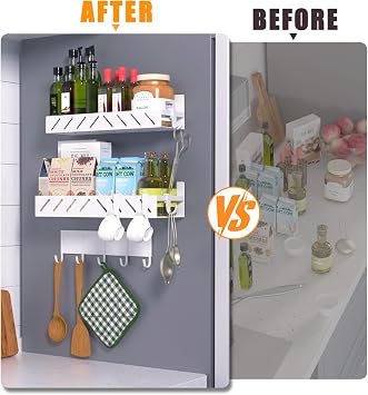 Magnetic Spice Rack for Refrigerator,4 Pack Metal Magnetic Shelf White with Hooks,Magnetic Knife Rack & 4 Hooks,Heavy Duty Space Saving Storage for Spices,Hollowed-out