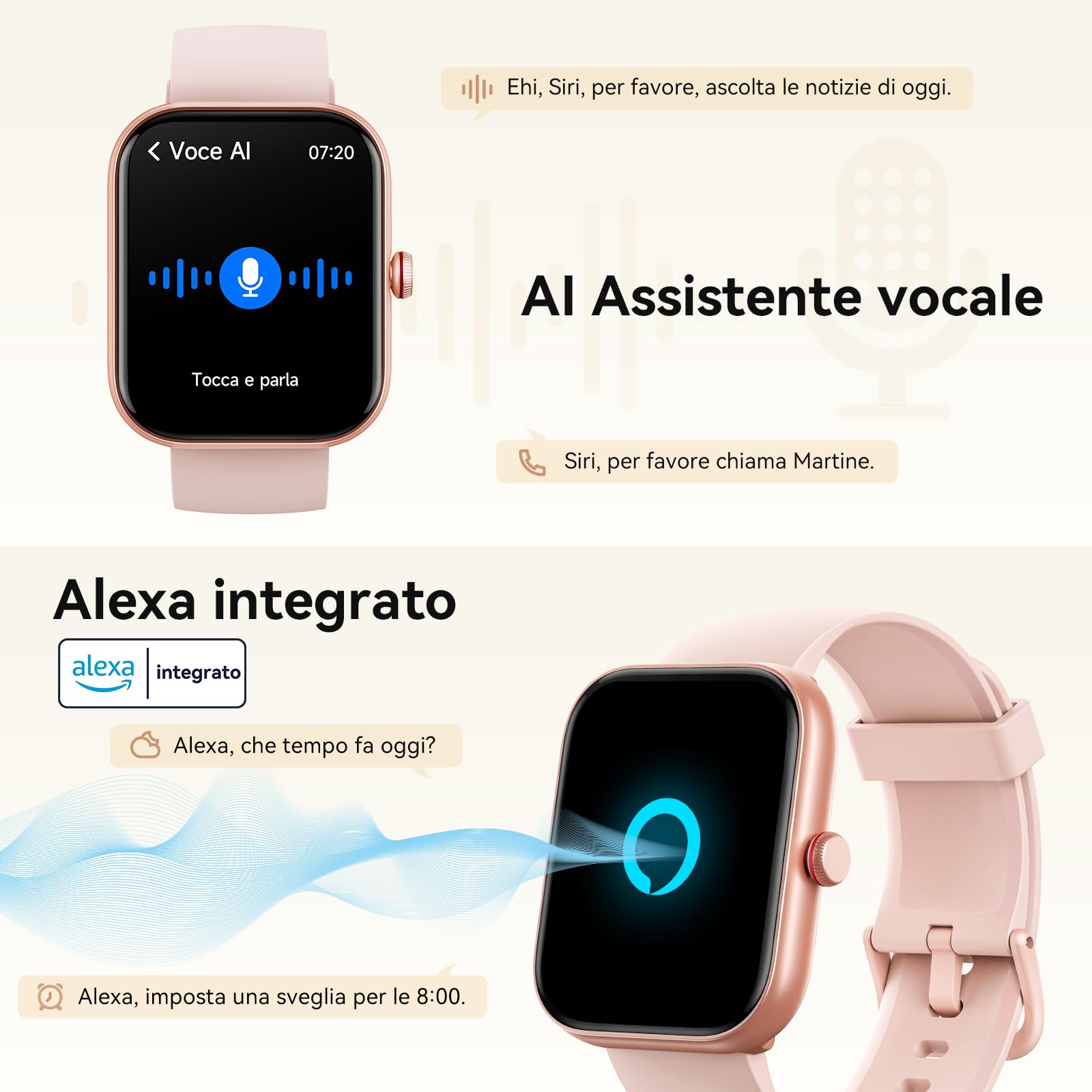 Smartwatch Donna,1.91" Orologio Smartwatch Chiamate Risposta Vivavoce,Alexa Integrato Fitness Tracker con Cardiofrequenzimetro/ SpO2/Sonno/Stress,110 Sportive IP68 Orologio Contapassi per iOS Android