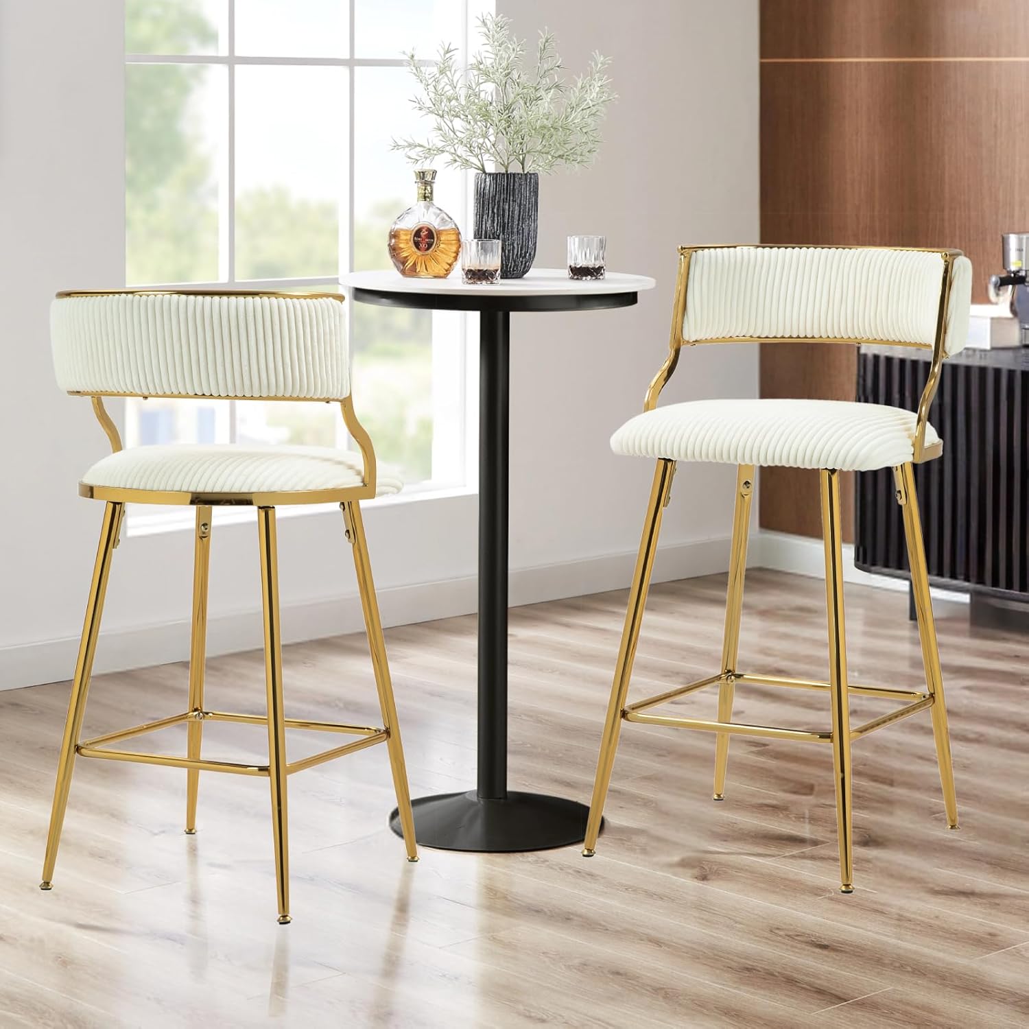 Modern Bar Stools Set of 2 Stool Kitchen Island Stool withBackrest Corduroy Upholstered Bar Chairs with Footrest Sturdy Golden Metal Frame (Beige)