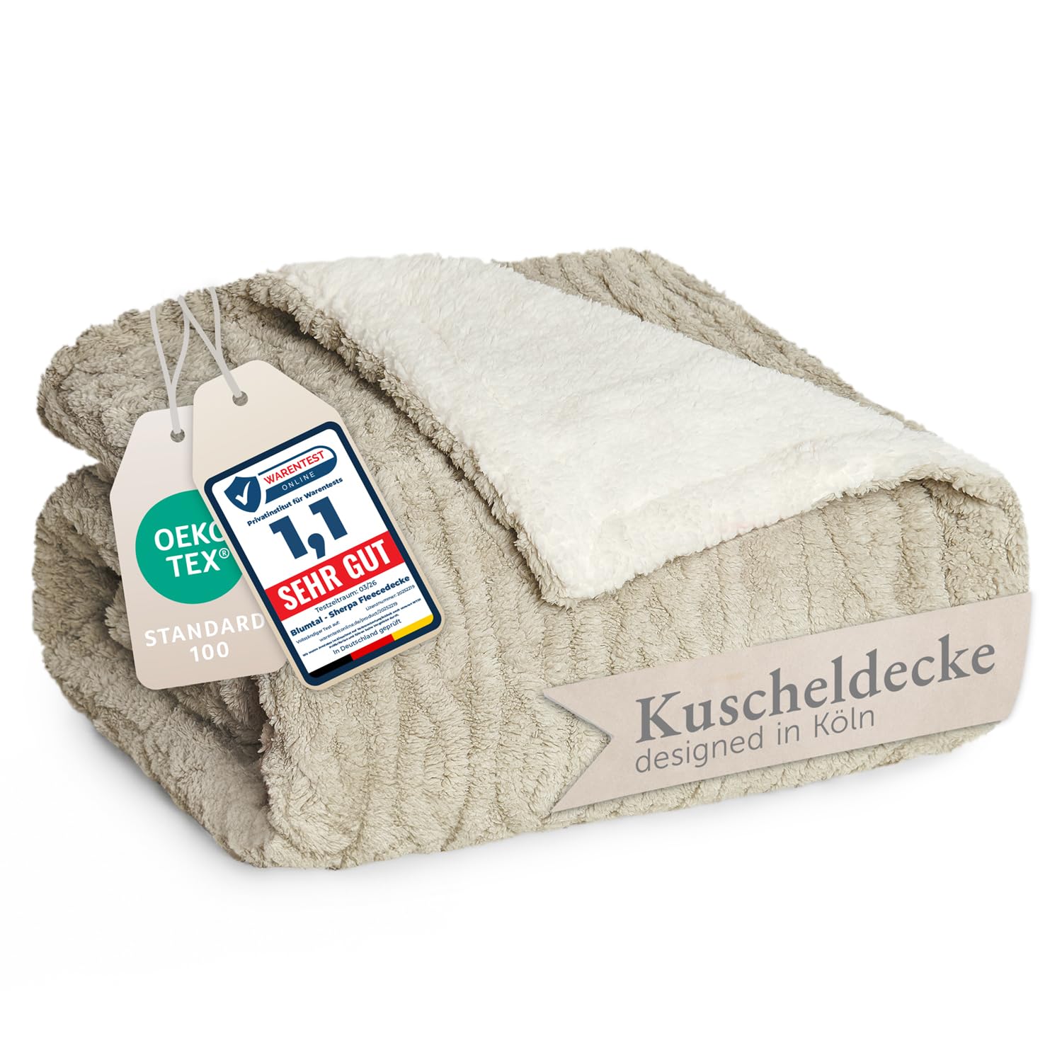 Blumtal Kuscheldecke 150x200 cm mit Zopfstrick-Optik - Oeko-TEX zertifizierte Mikrofaser Fleecedecke mit weicher Sherpa-Innenseit/Sherpa Decke flauschig 150x200 - Beige und Weiß