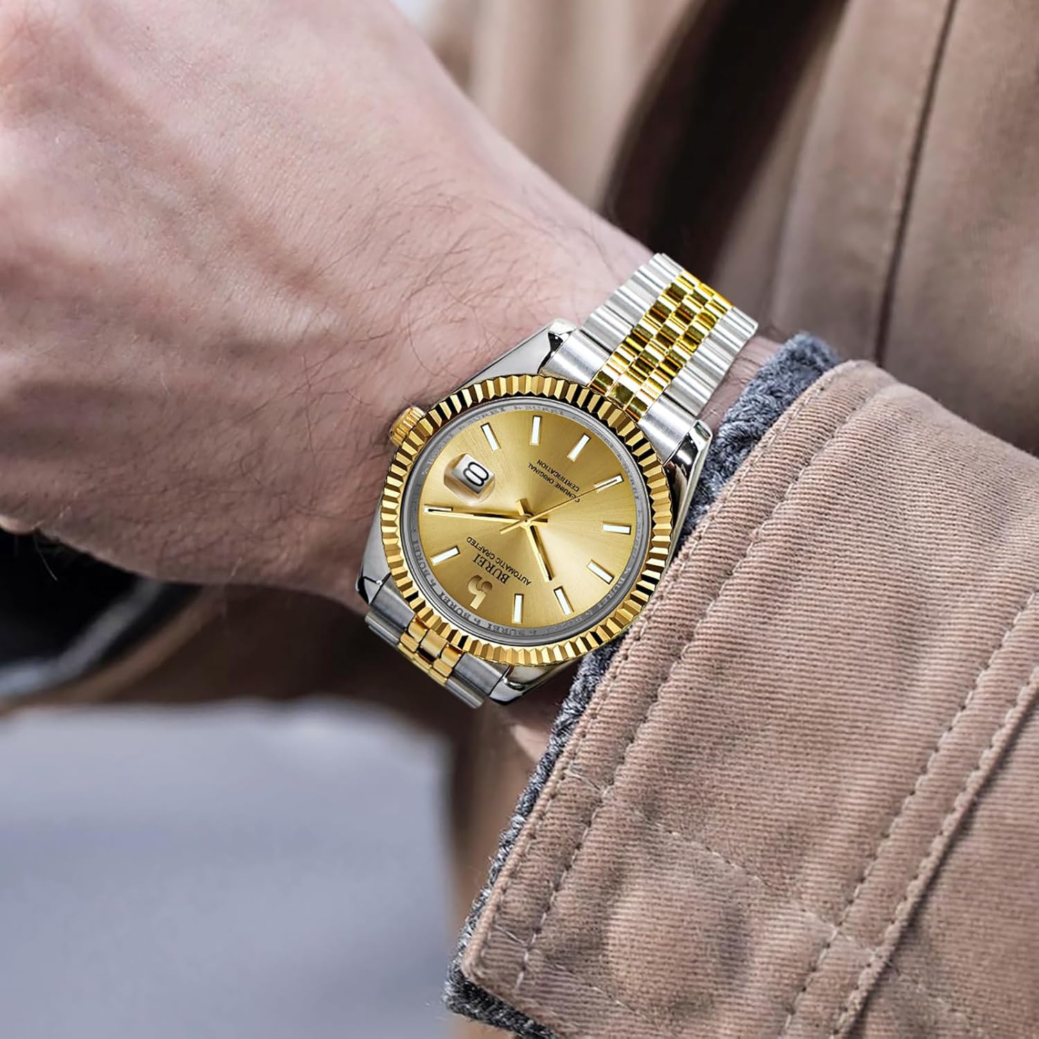 BUREI Men's Classic Luxury Watch Stainless Steel Waterproof Machine Watch Fashion Double Watches Date Sapphire Crystal