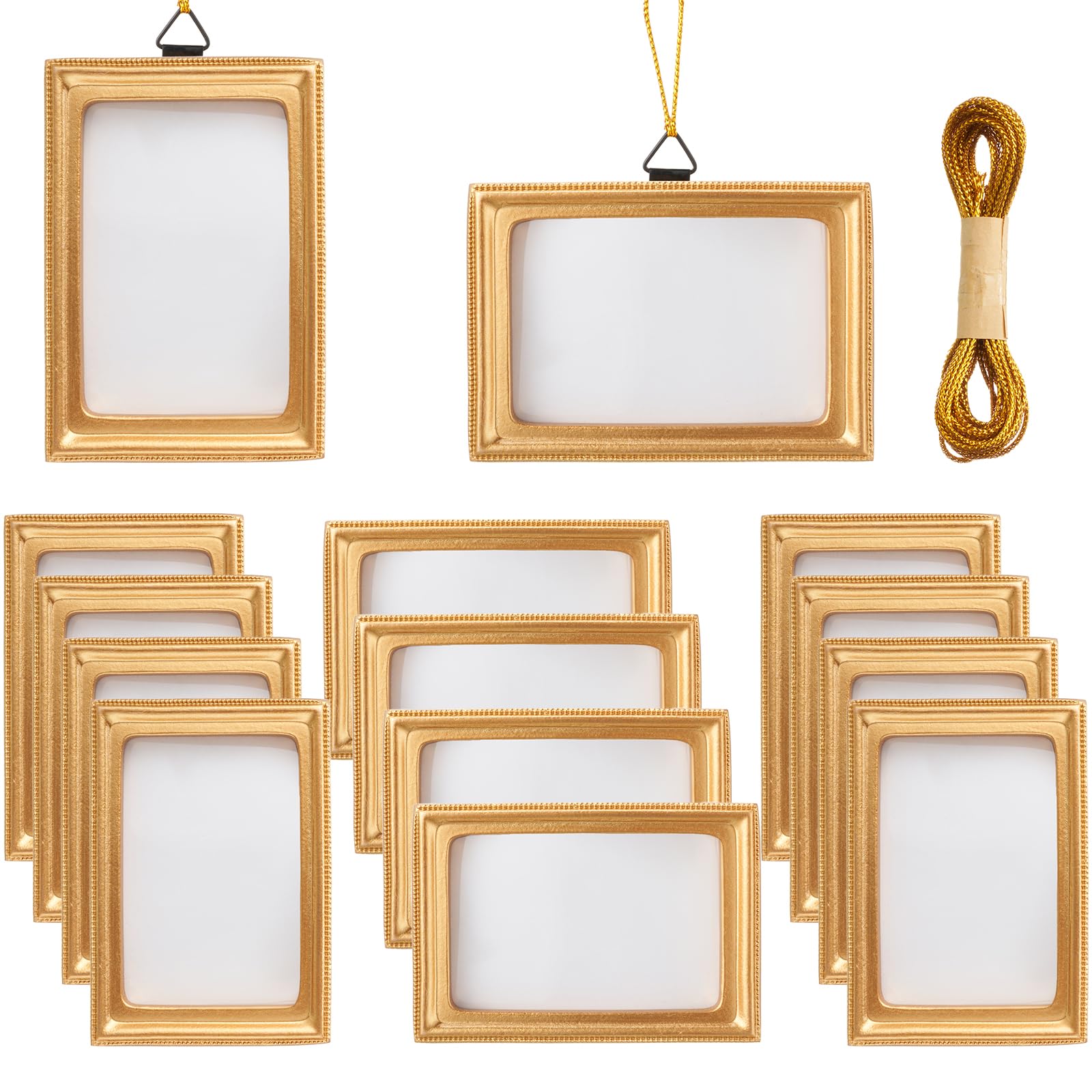 Yalikop 12 Pcs Mini Gold Frames with Hooks and Rope Rectangle Resin Small Gold Vintage Picture Frames DIY Wall Hanging Decoration for Christmas Tree Refrigerator Ornaments 3.74 x 2.56 inch
