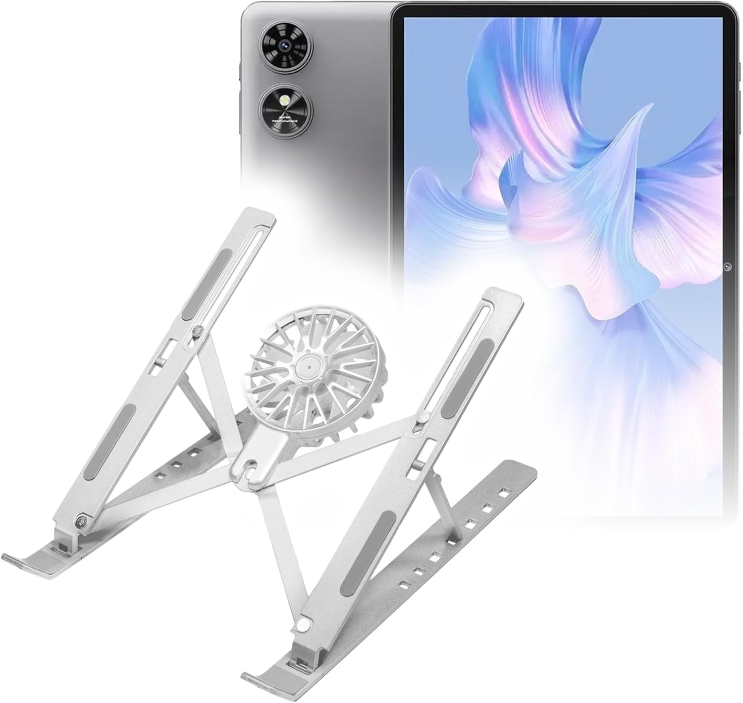 BoxWave Stand and Mount Compatible with Oukitel OT6 Pro - QuickSwitch Stand with Cooling Fan, Portable, Multi Angle Viewing Ventilator - Metallic Silver