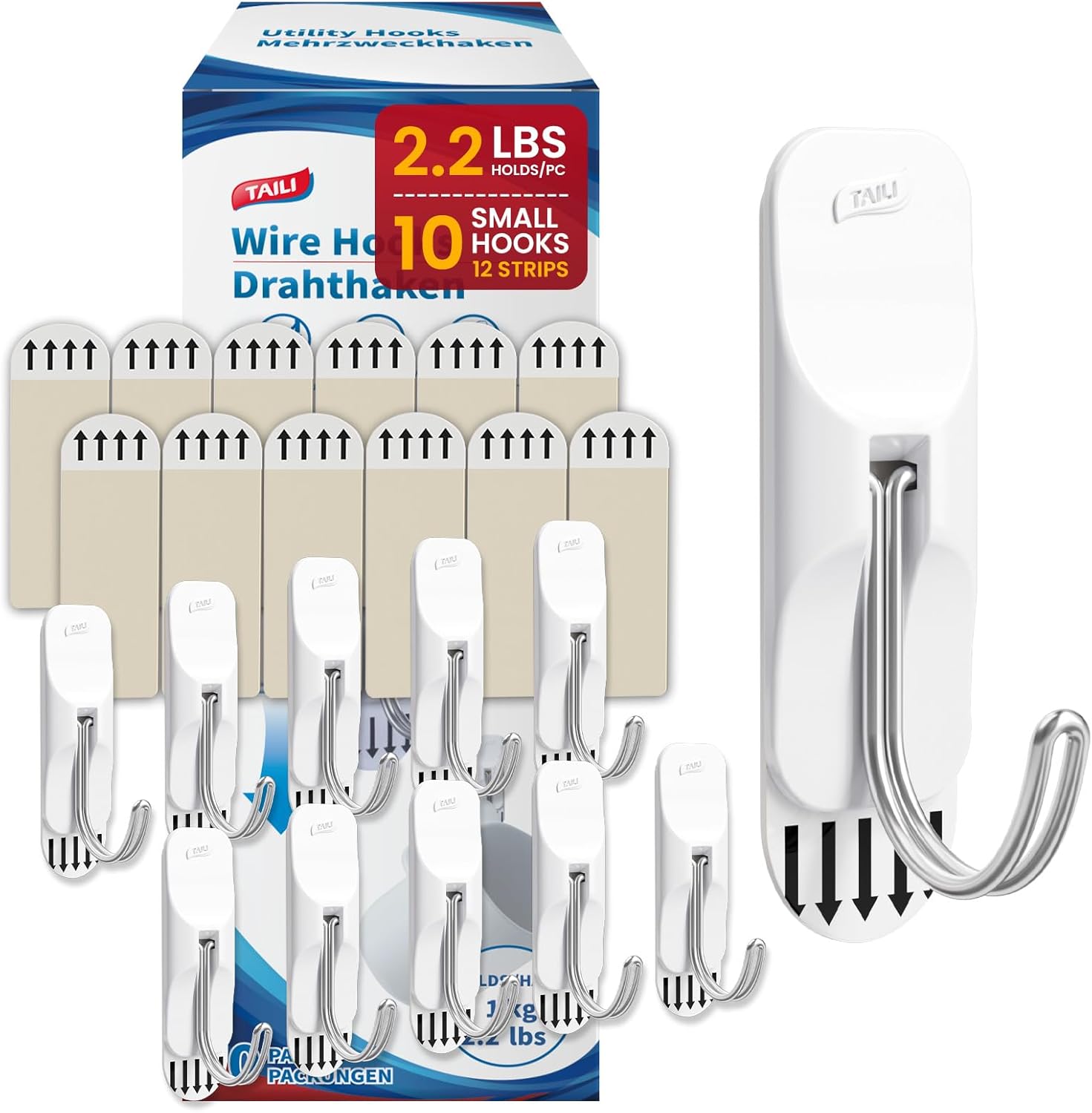 TAILI Damage-Free Hanging Hooks,10 Small Utility Hooks and 2 Pcs Adhesive Strips, Holds up to 2.2 lb,No Tools Damage-Free Stick on Bathroom or Kitchen for Hanging Decorations,Organization-White